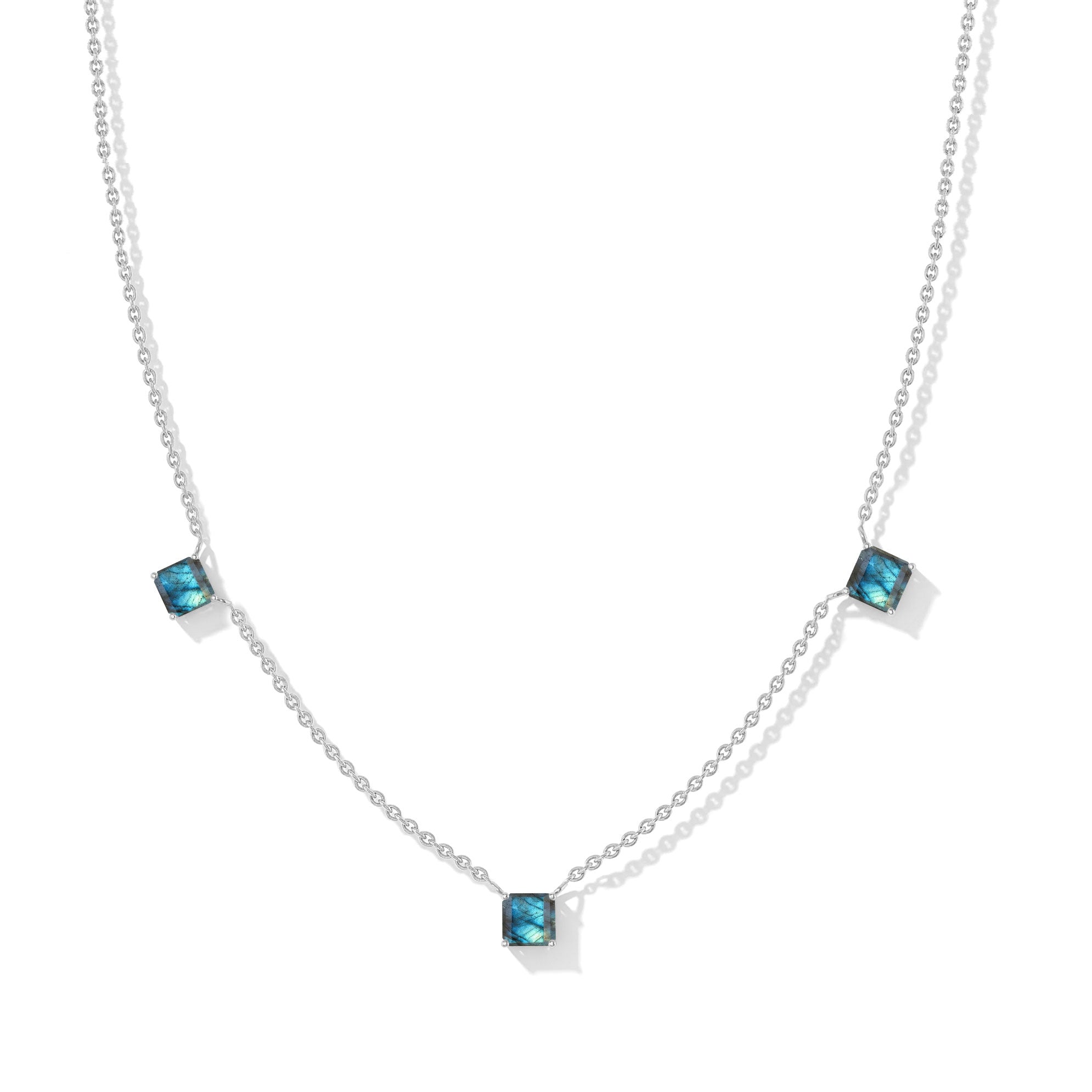 "Elegant Labradorite Asscher cut necklace with three shimmering gemstones in sterling silver.
