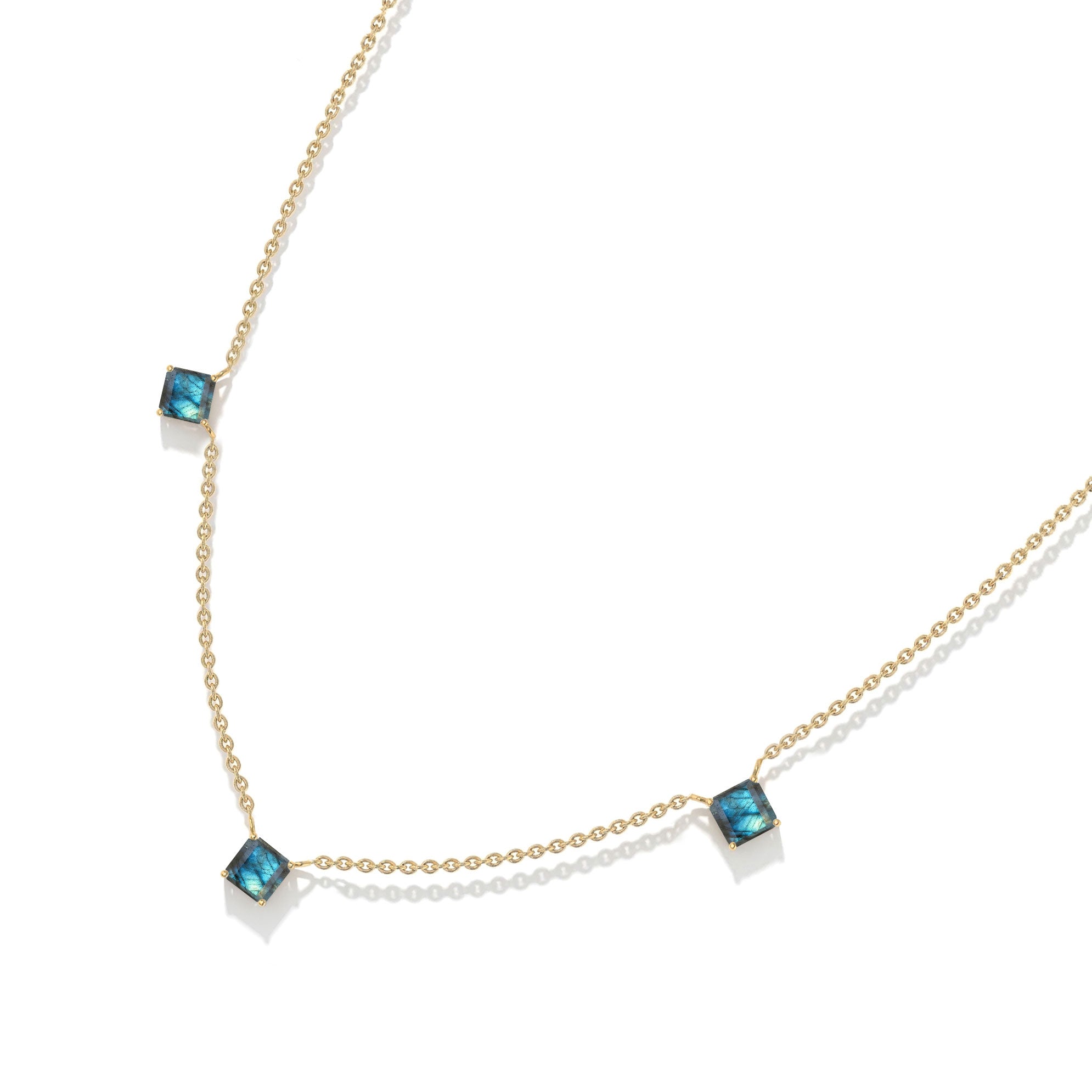 Contemporary Labradorite necklace with minimalist three stone station design.

