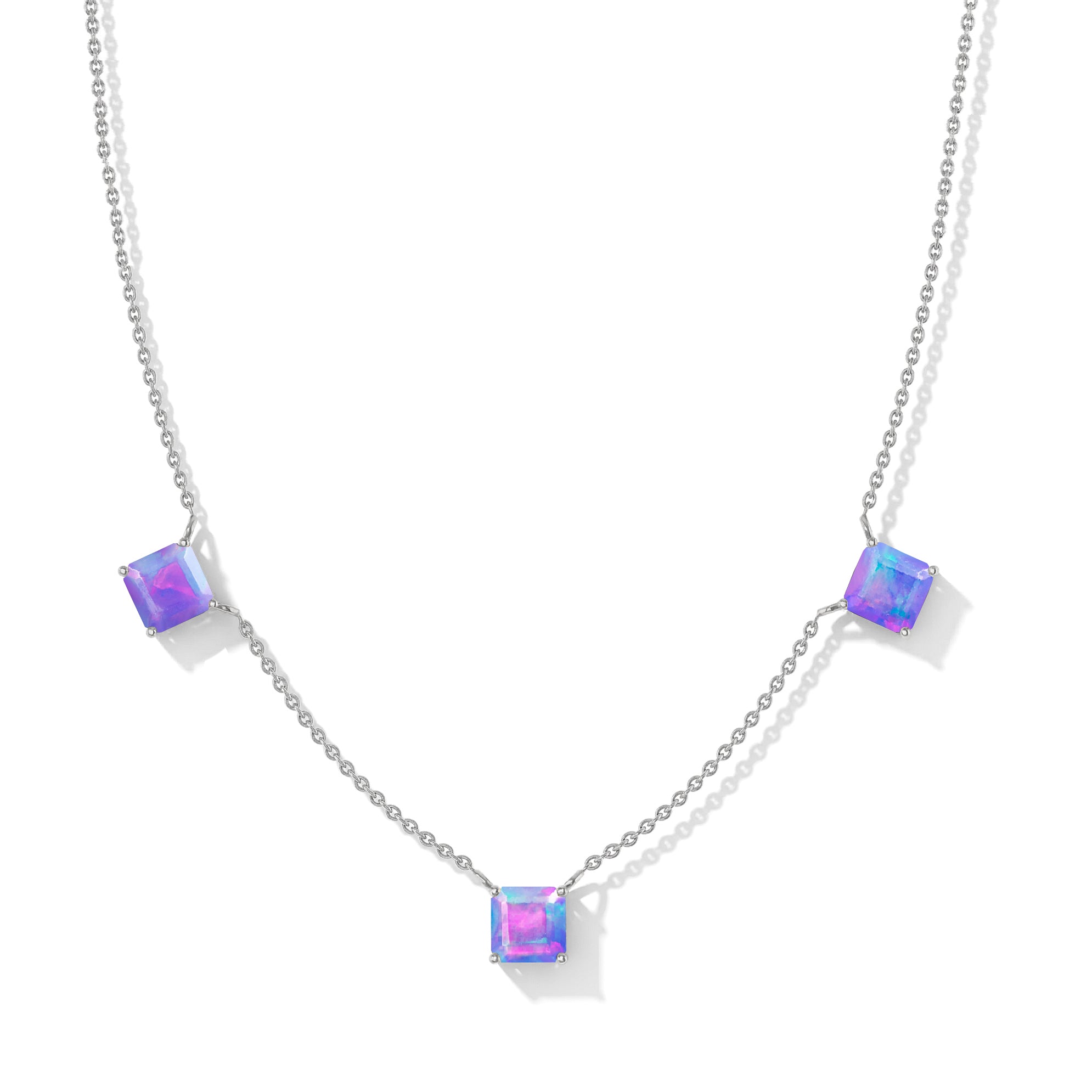 "Lavender Opal three stone Asscher cut necklace crafted in 925 sterling silver with yellow gold filled finish and adjustable 16 inch chain.
