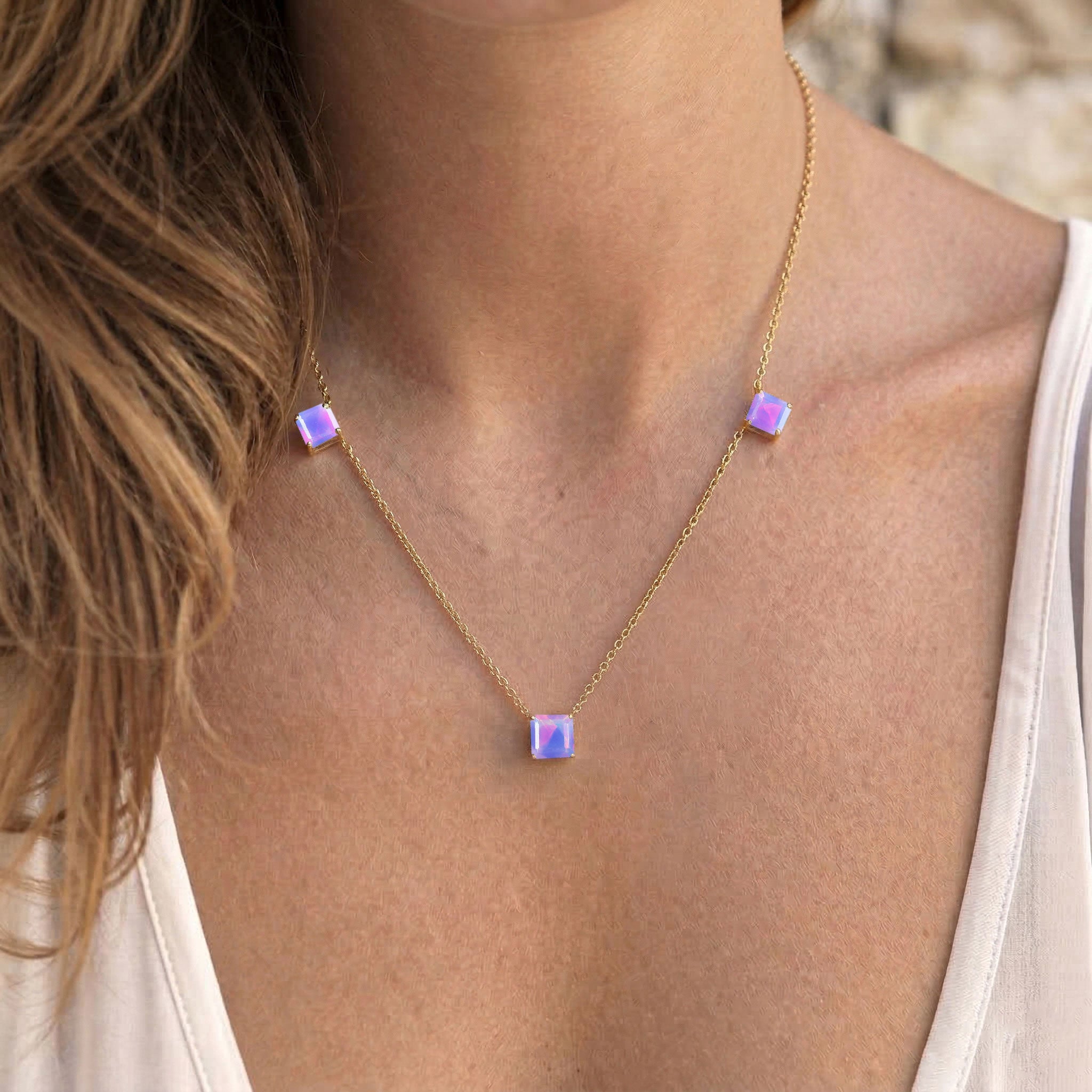 Dainty Lavender Opal necklace with 1.95 carat total weight in Asscher cut gemstones and adjustable 16 to 18 inch sterling silver chain.
