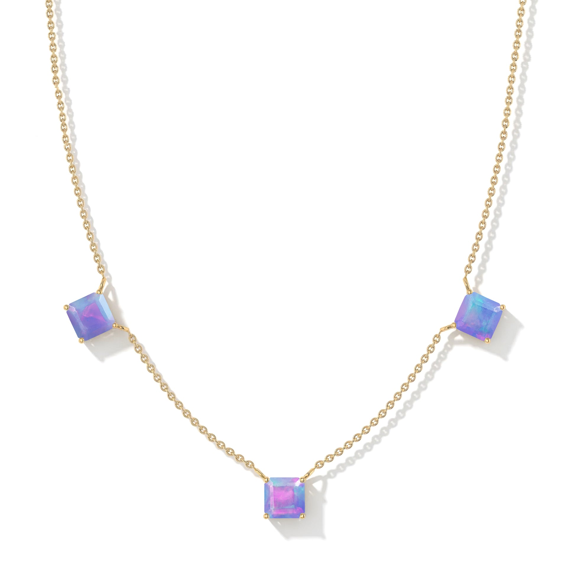 October birthstone jewelry with genuine Lavender Opal gemstones, handcrafted in 925 sterling silver and finished with yellow gold filled plating.
