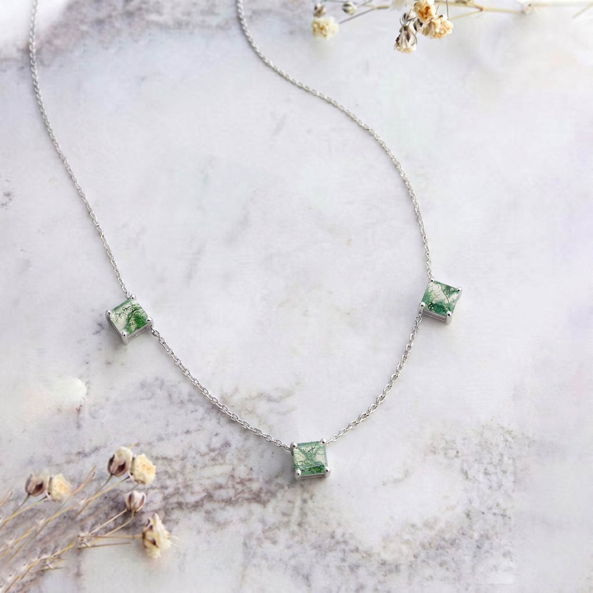 Natural Moss Agate gemstone necklace with yellow gold filled finish and adjustable 16 inch chain.
