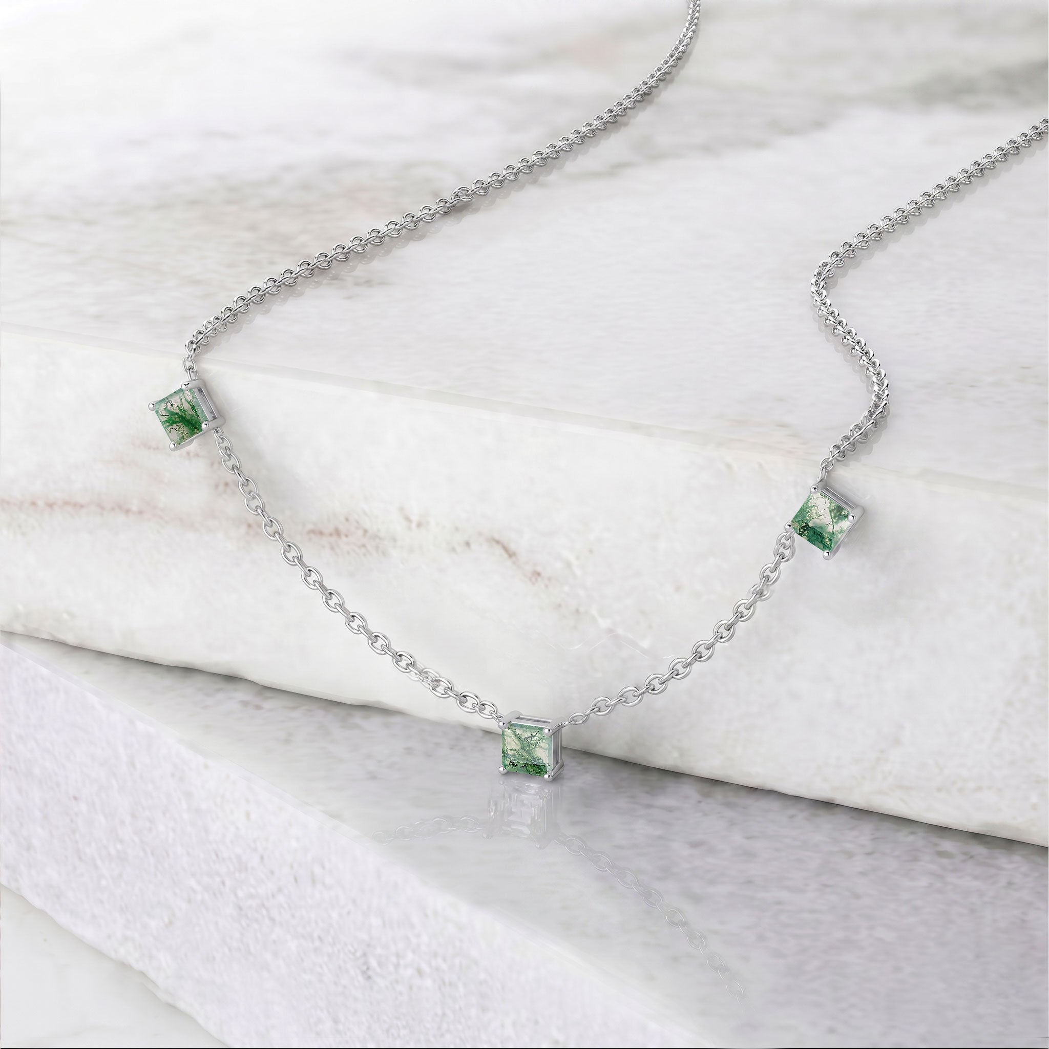 Minimalist Moss Agate Asscher cut necklace designed for women with a delicate gold filled chain.
