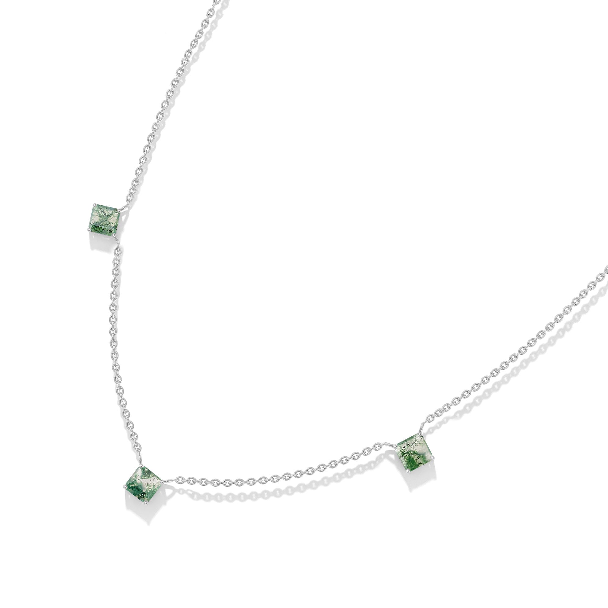 Modern Asscher cut Moss Agate necklace perfect for layering and everyday jewelry styling.

