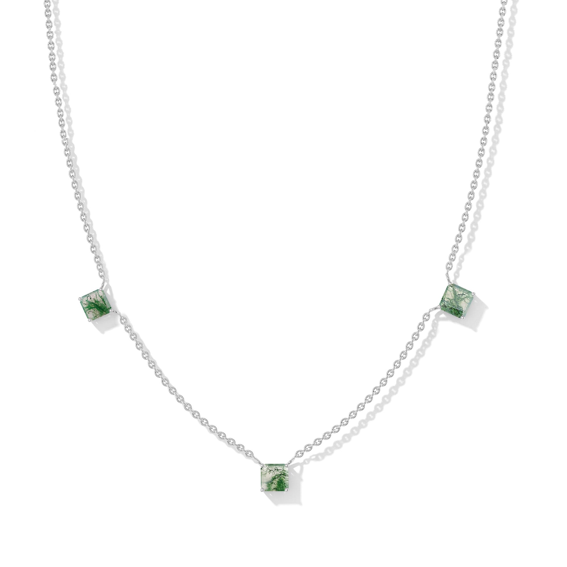 "Moss Agate Asscher cut station necklace in yellow gold filled and 925 sterling silver with three gemstone stones.
