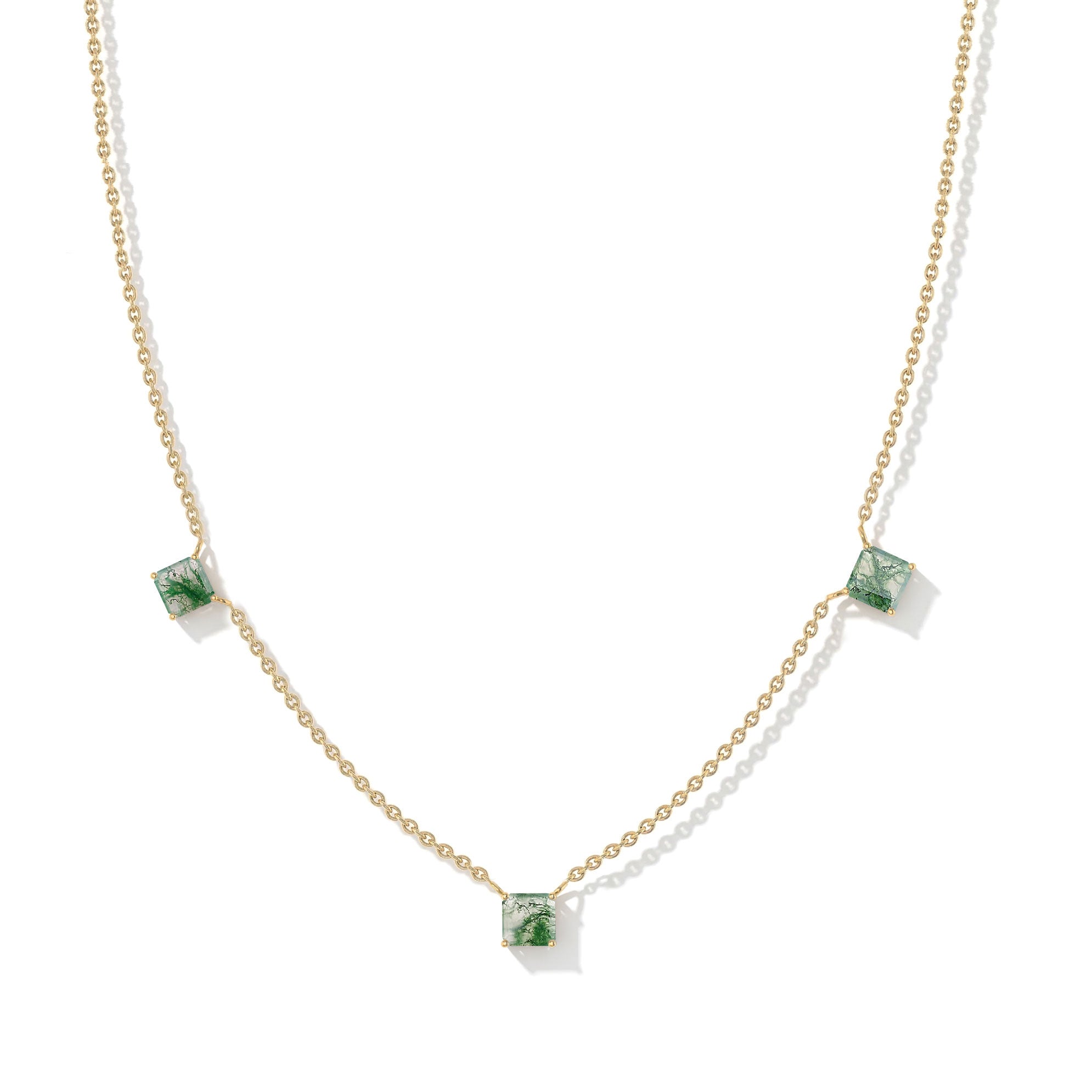 Luxury Moss Agate gemstone necklace with three stones in 925 sterling silver setting.
