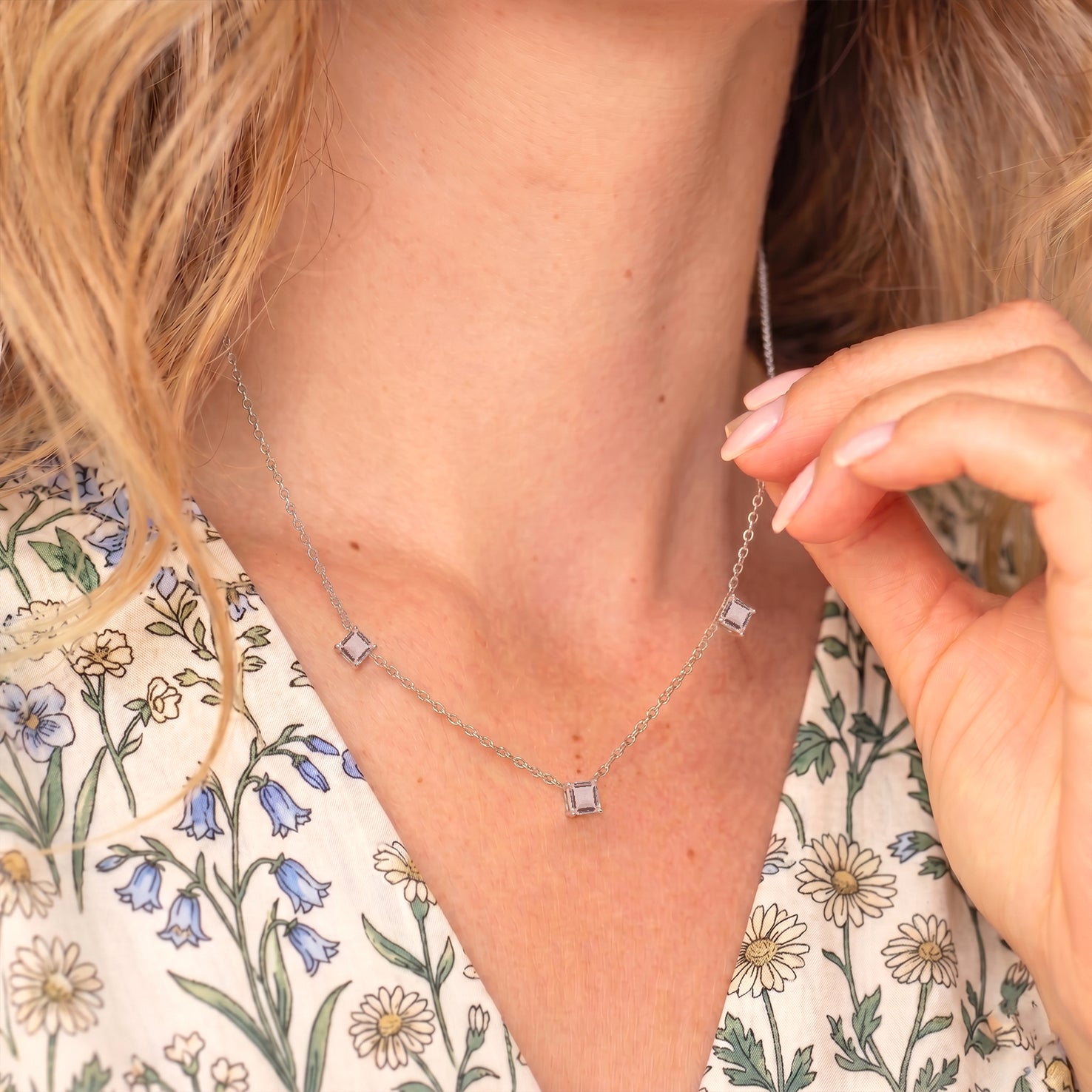 Elegant Morganite necklace featuring three 5mm Asscher cut gemstones in genuine 925 sterling silver jewelry.
