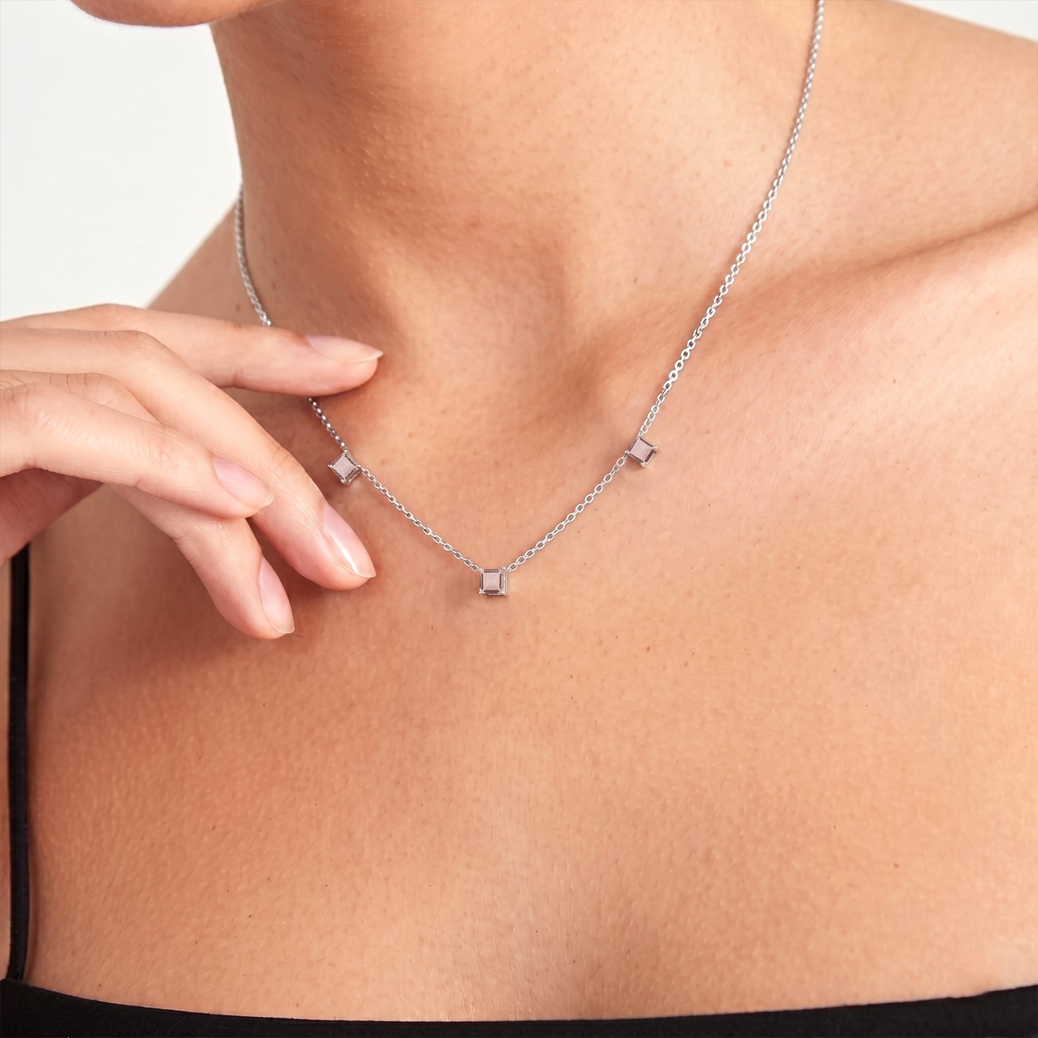 Women's Morganite three stone necklace with premium yellow gold filled sterling silver chain.
