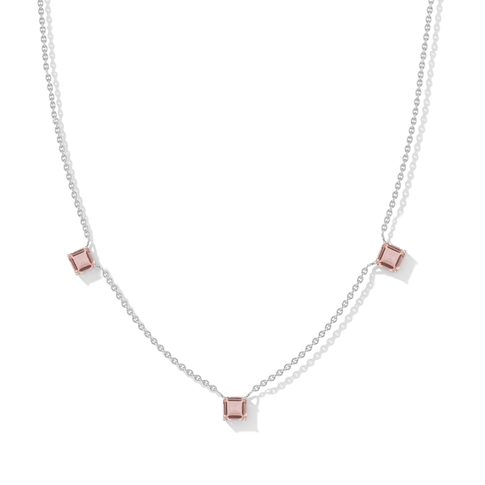 "Morganite three stone Asscher cut necklace crafted in 925 sterling silver with yellow gold filled finish and adjustable 16 inch chain.
