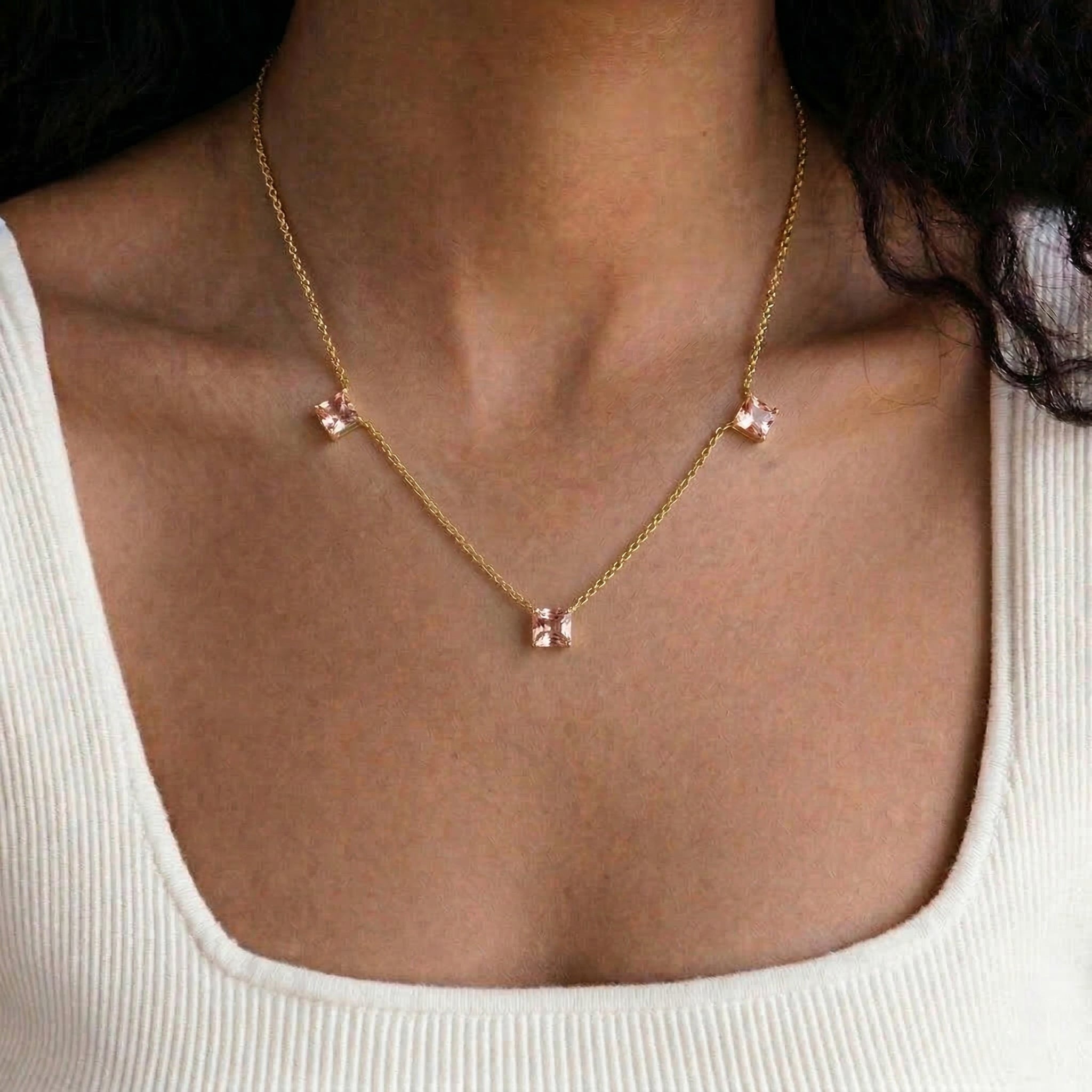Elegant Morganite gemstone necklace with classic three stone design for women.
