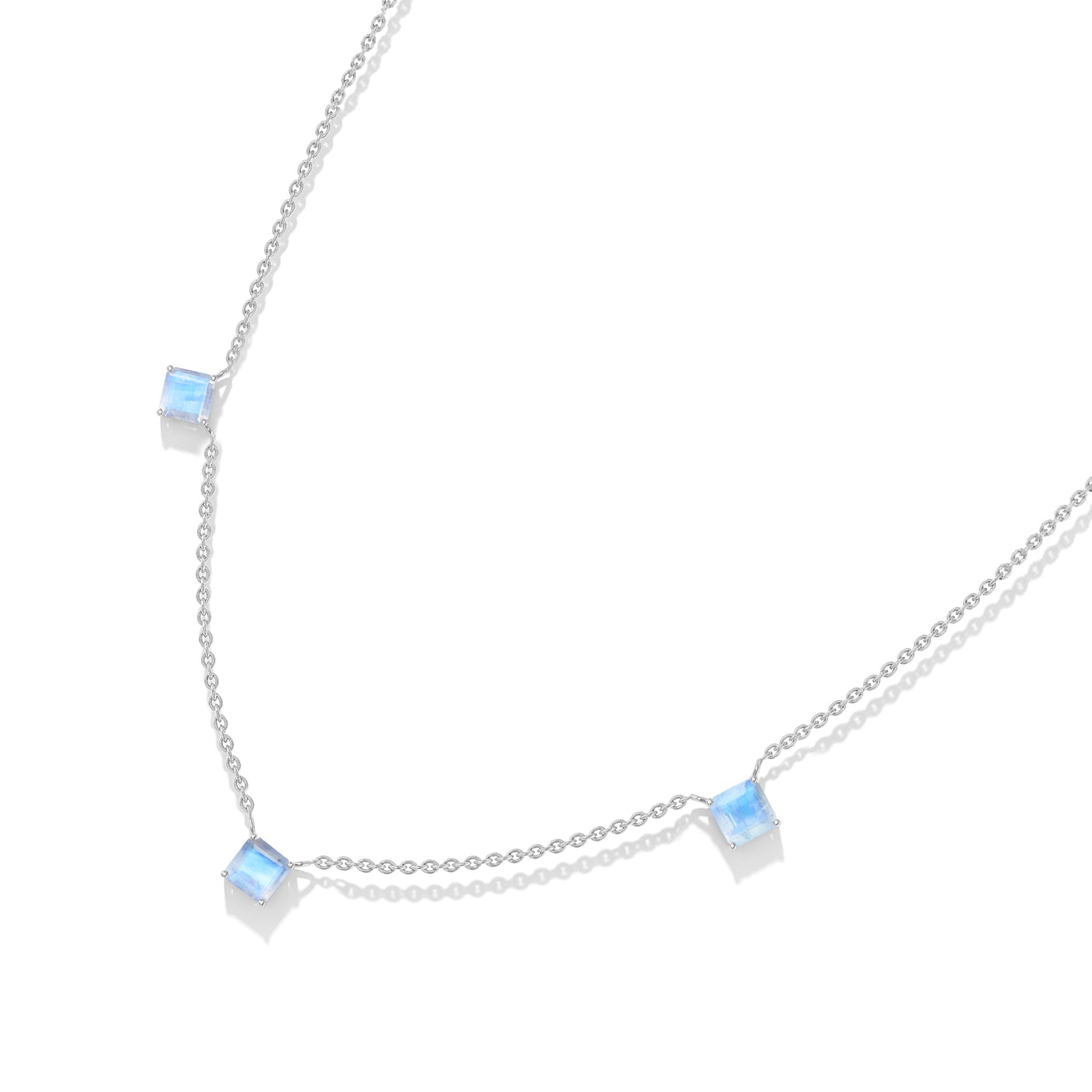 Moonstone gemstone necklace featuring three 5mm Asscher cut stones in sterling silver jewelry