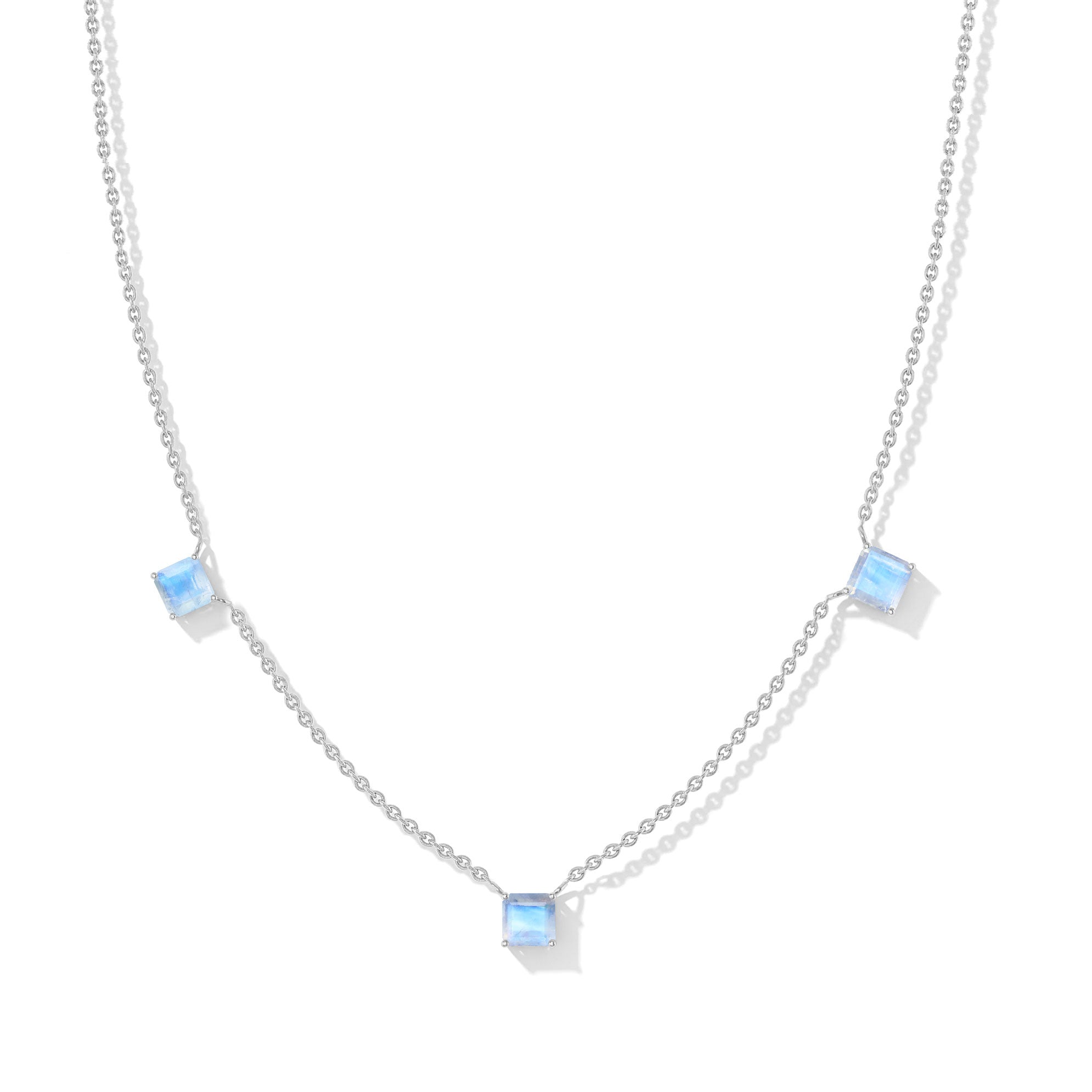 "Moonstone three stone Asscher cut necklace crafted in 925 sterling silver with yellow gold filled finish and adjustable 16 inch chain.
