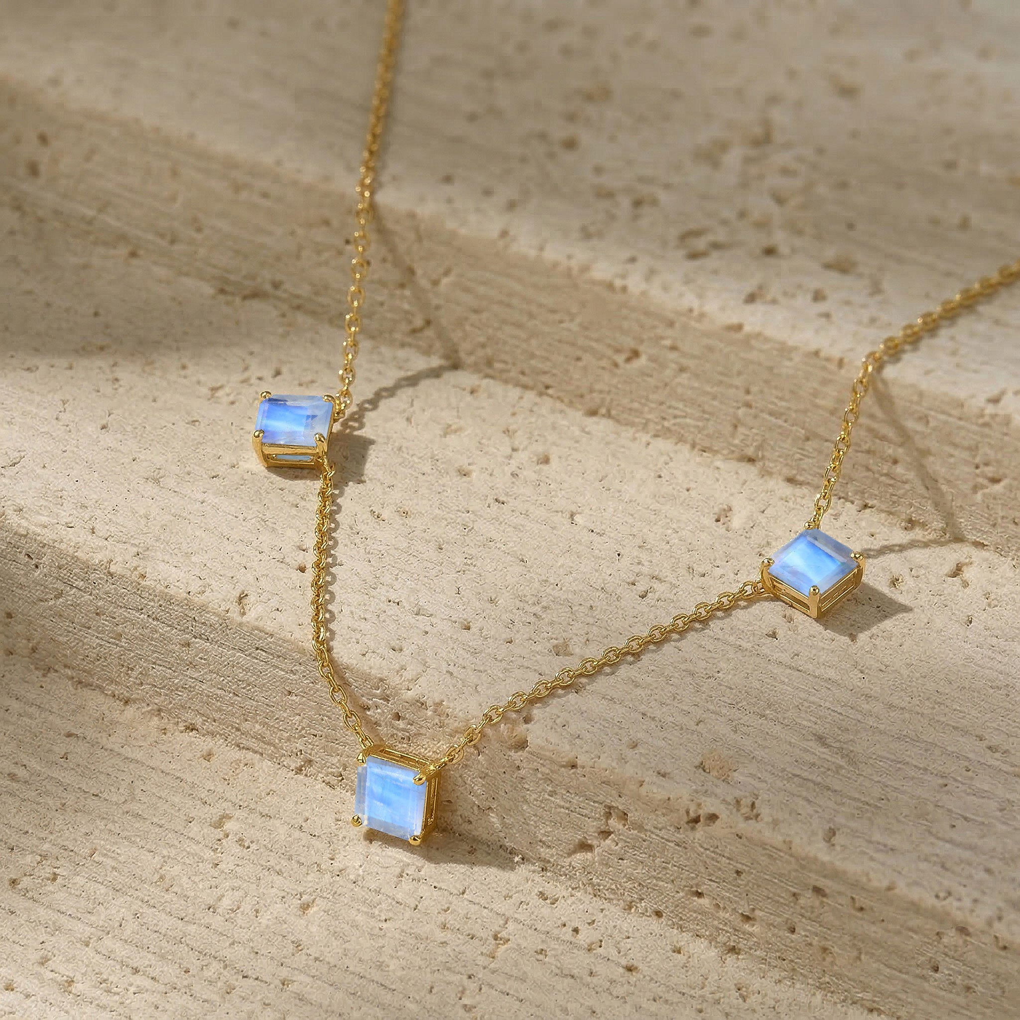 Premium Moonstone necklace with three Asscher cut gemstones for women.
