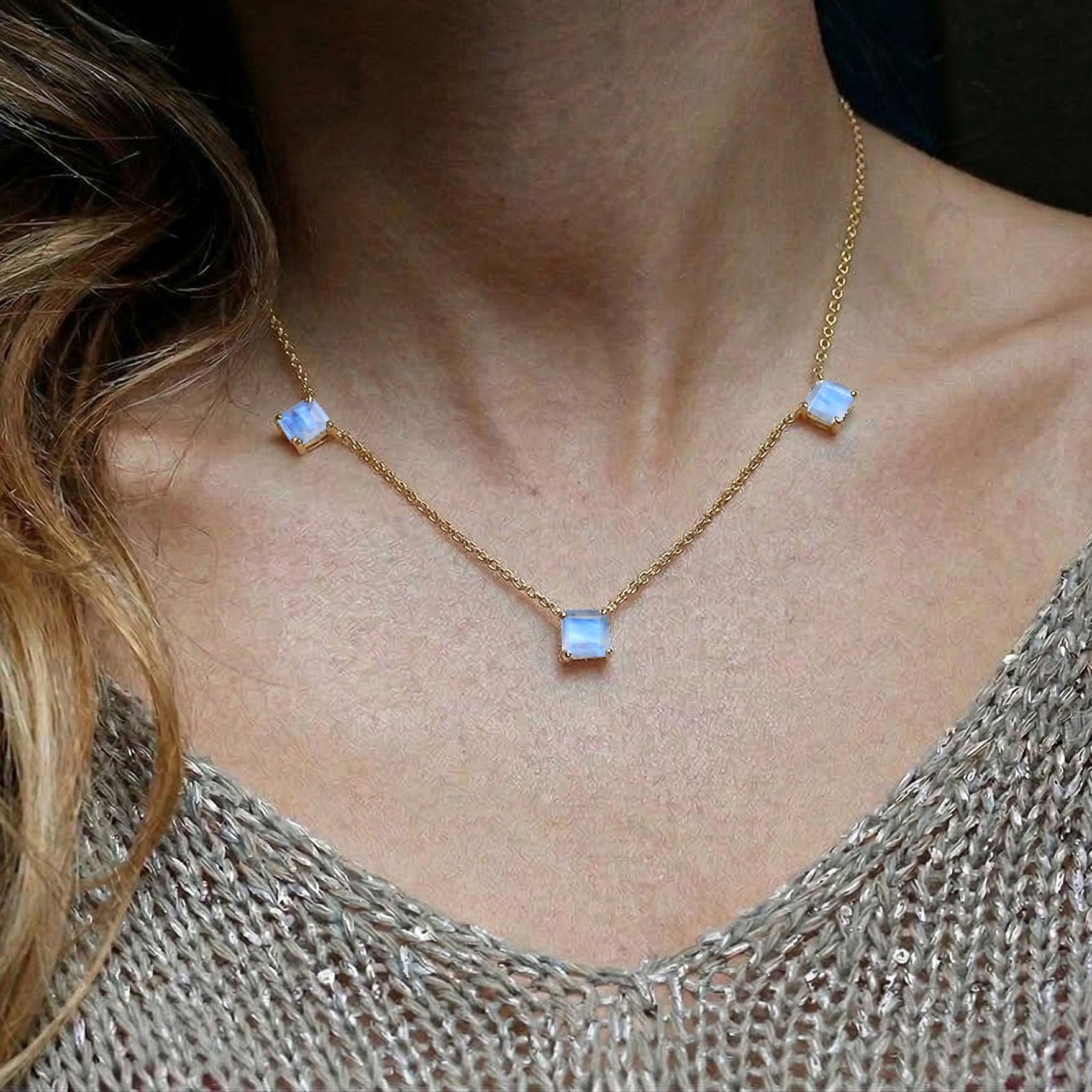 Natural Moonstone Asscher Cut Station Necklace in 925 Sterling Silver with Yellow Gold Filled finish
