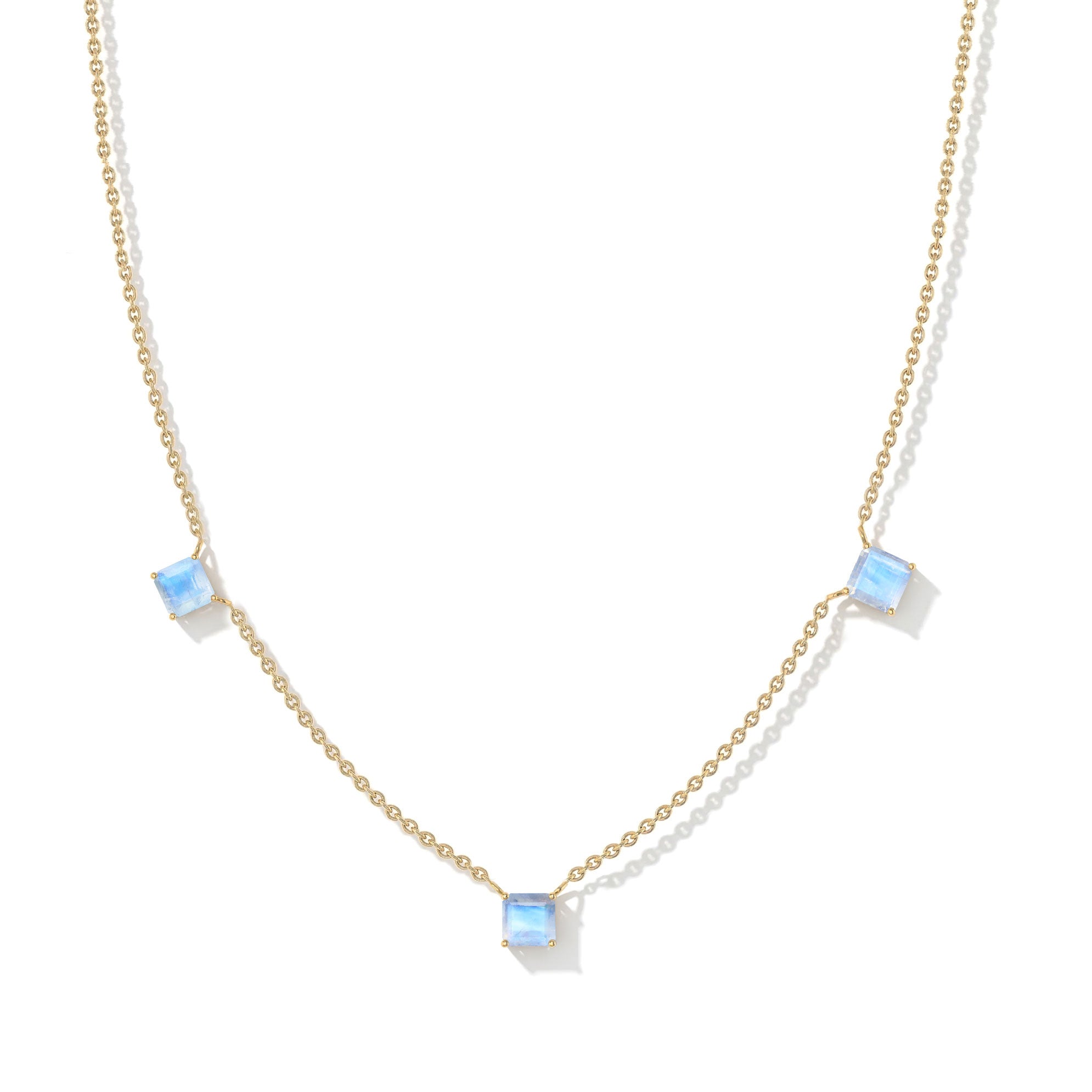 Elegant Moonstone station necklace with natural iridescent gemstones and yellow gold filled chain