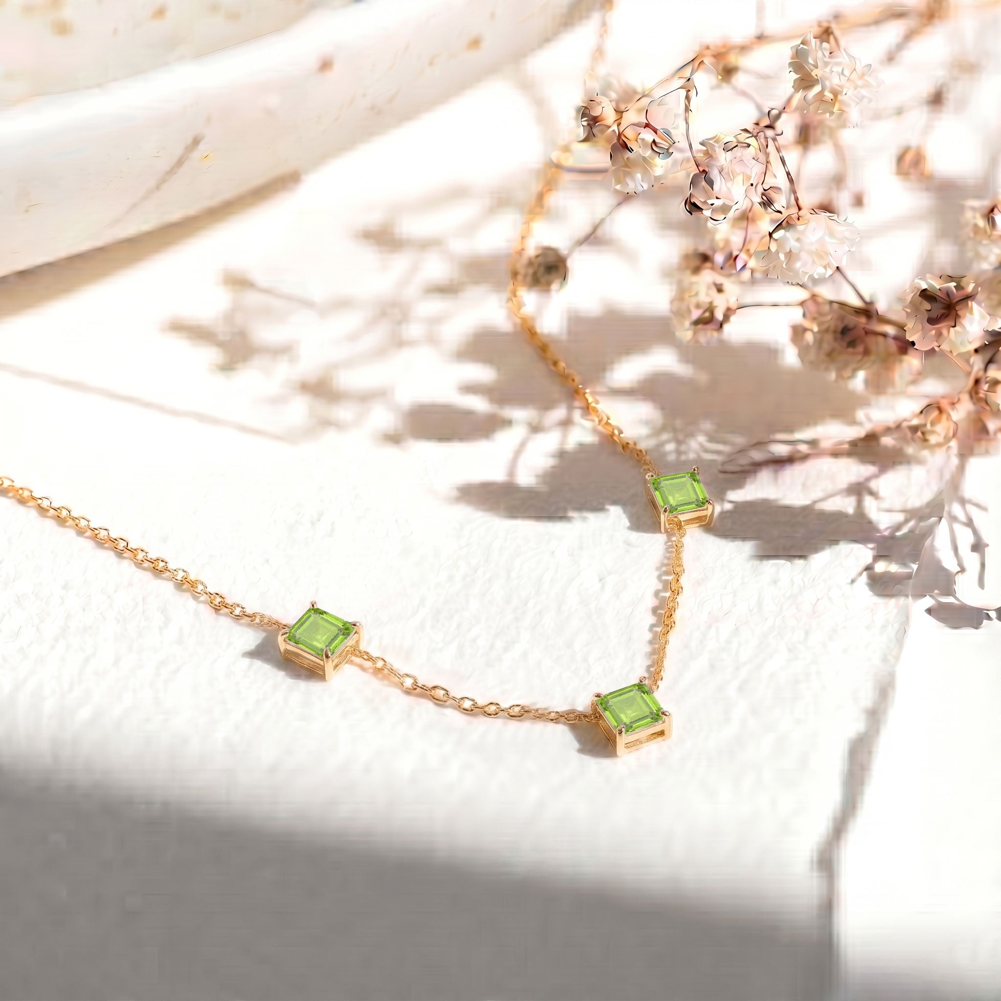 Adjustable Peridot necklace with 2 inch extender in sterling silver gold filled jewelry.
