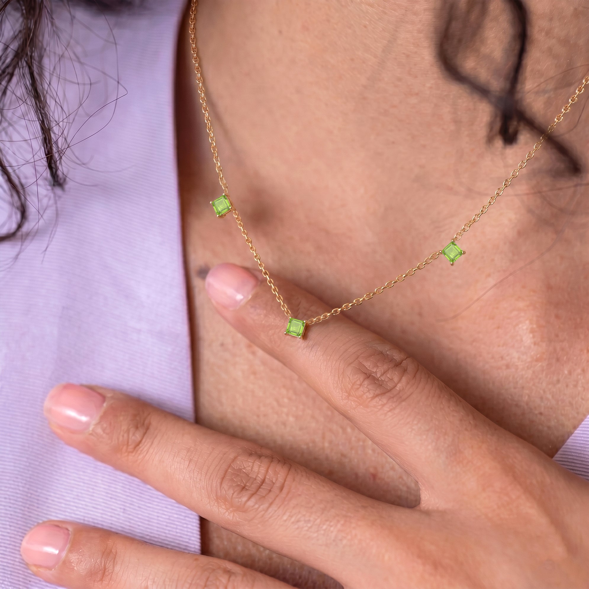 Fine gemstone Peridot necklace with Asscher cut stones for layering and special occasions.
