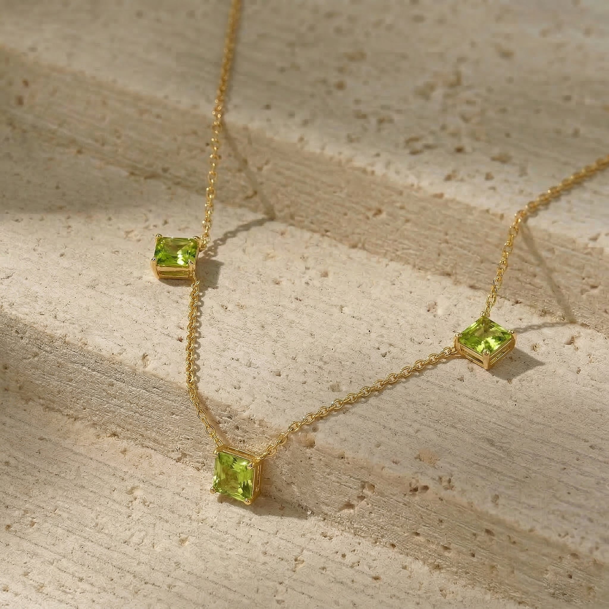 Handmade Peridot necklace in 925 sterling silver with yellow gold filled finish.
