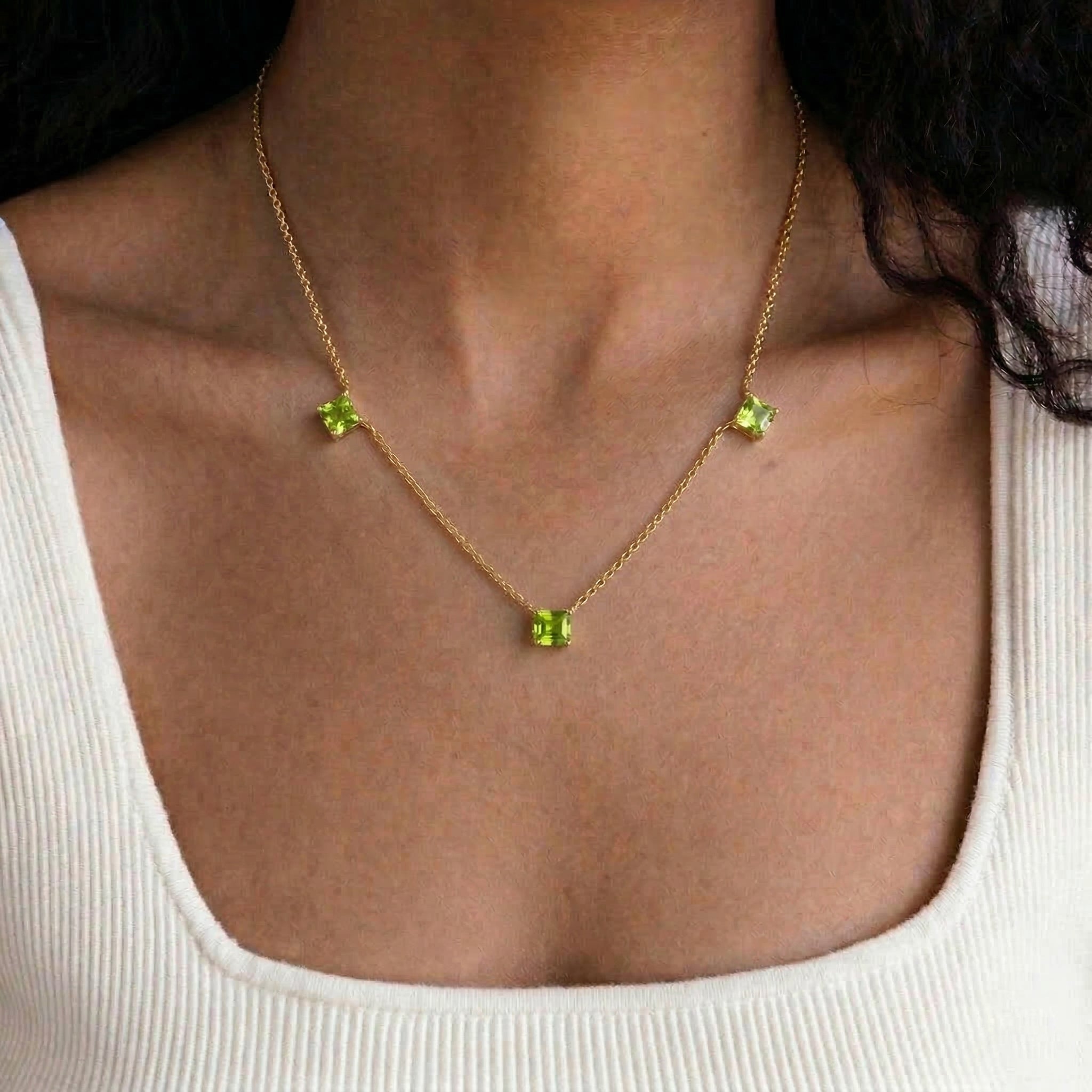 Peridot station necklace with timeless design, perfect August birthstone gift for her."