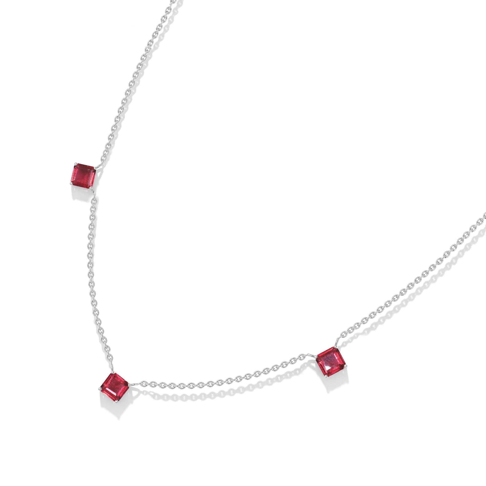Luxury Asscher cut Pink Tourmaline necklace with three gemstones for fine jewelry lovers.

