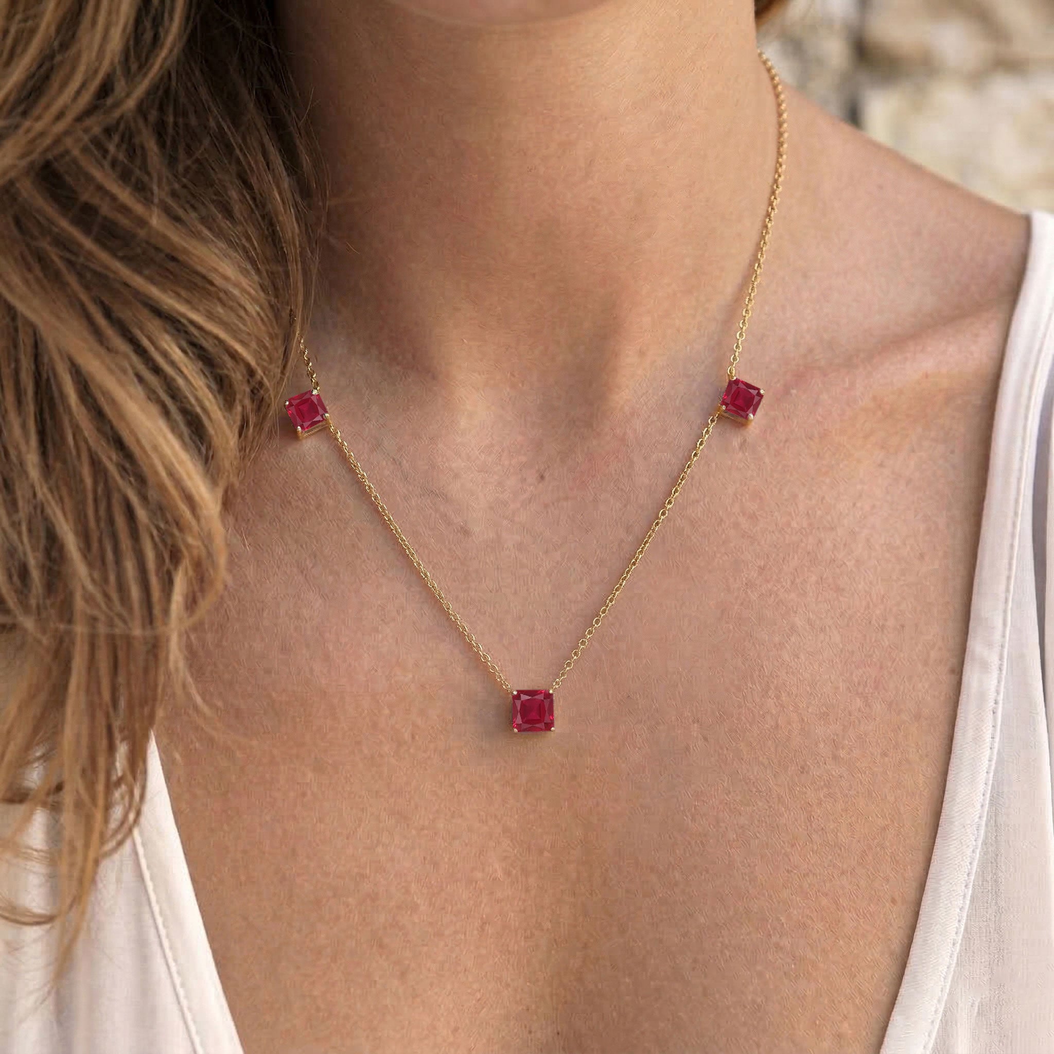 Adjustable Ruby necklace with 2 inch extender in sterling silver gold filled jewelry.
