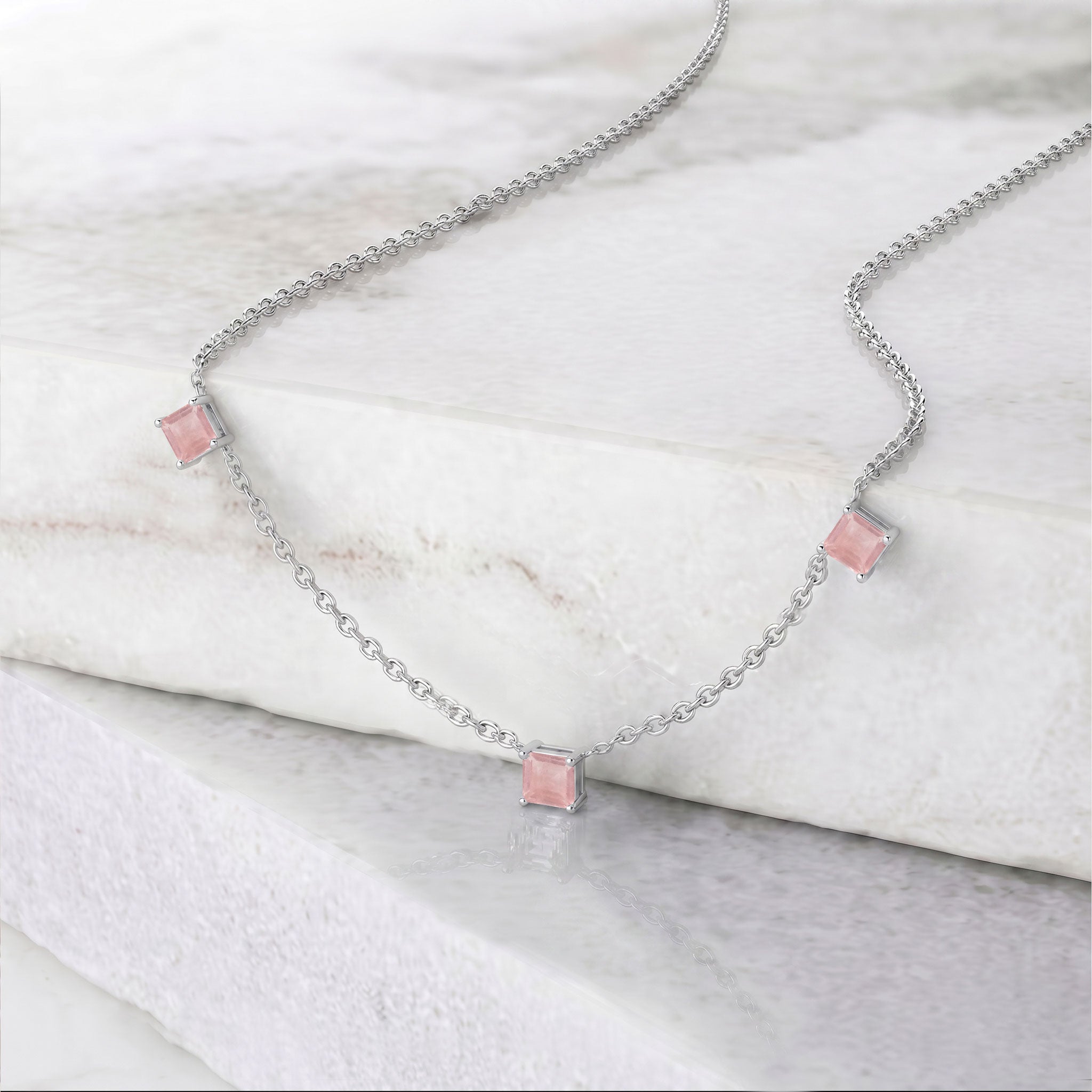 Minimalist Rose Quartz Asscher cut necklace crafted in 925 sterling silver for everyday jewelry wear.
