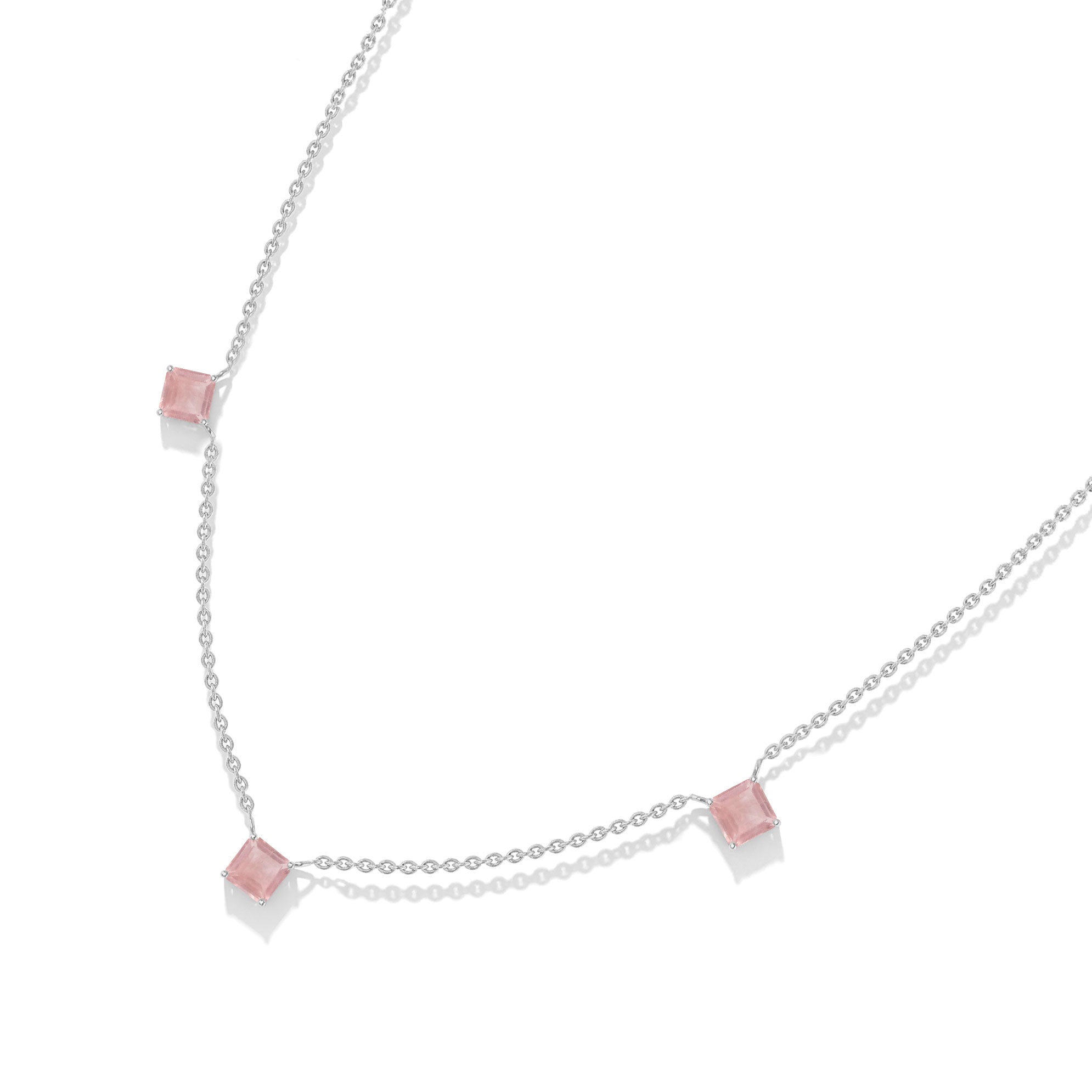 Luxury Asscher cut Rose Quartz necklace with three gemstones for fine jewelry lovers.
