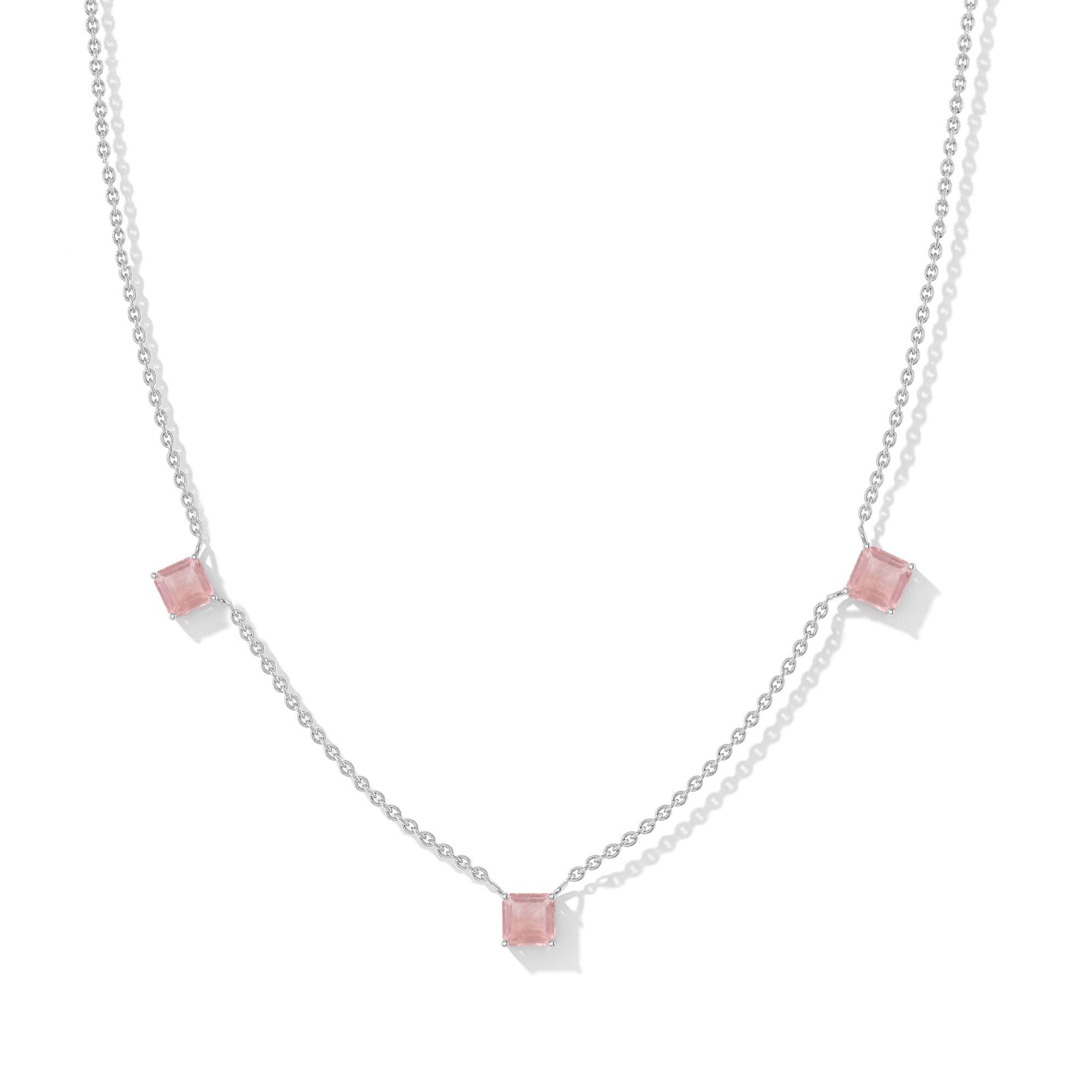 "Rose Quartz Asscher cut station necklace in yellow gold filled and 925 sterling silver with three pink gemstones.
