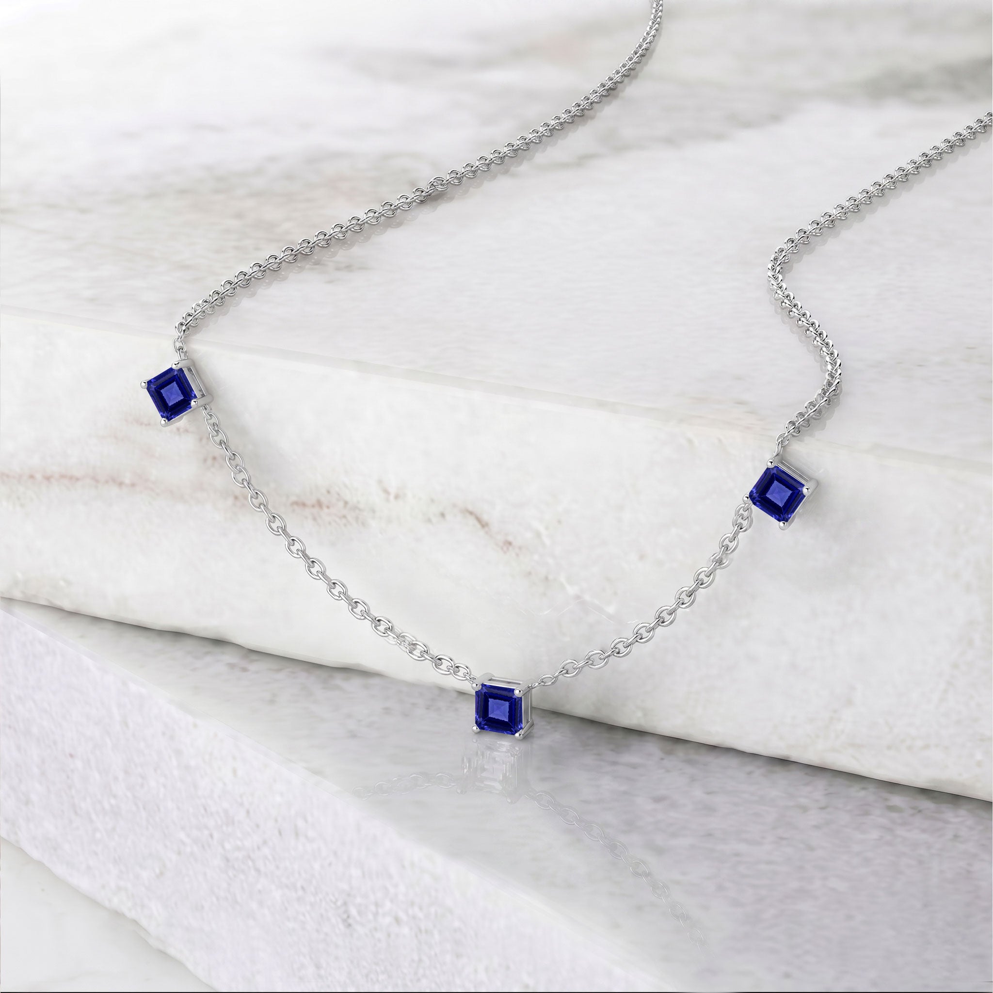 Minimalist Tanzanite Asscher cut necklace crafted in 925 sterling silver for everyday jewelry wear.
