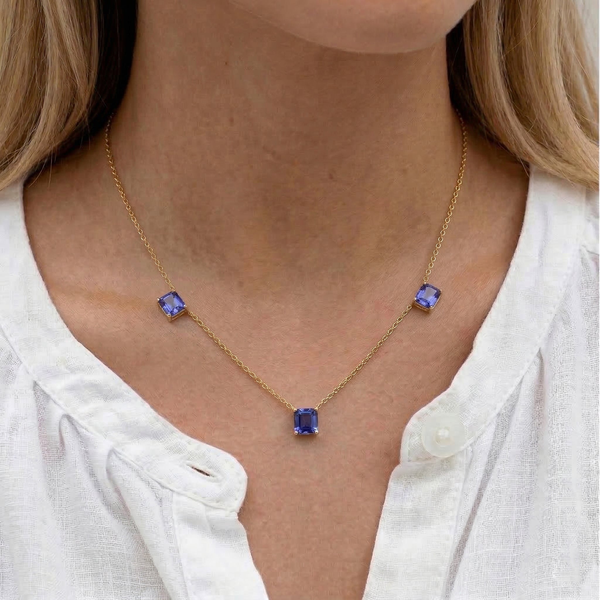 Genuine Tanzanite three stone necklace in sterling silver.
