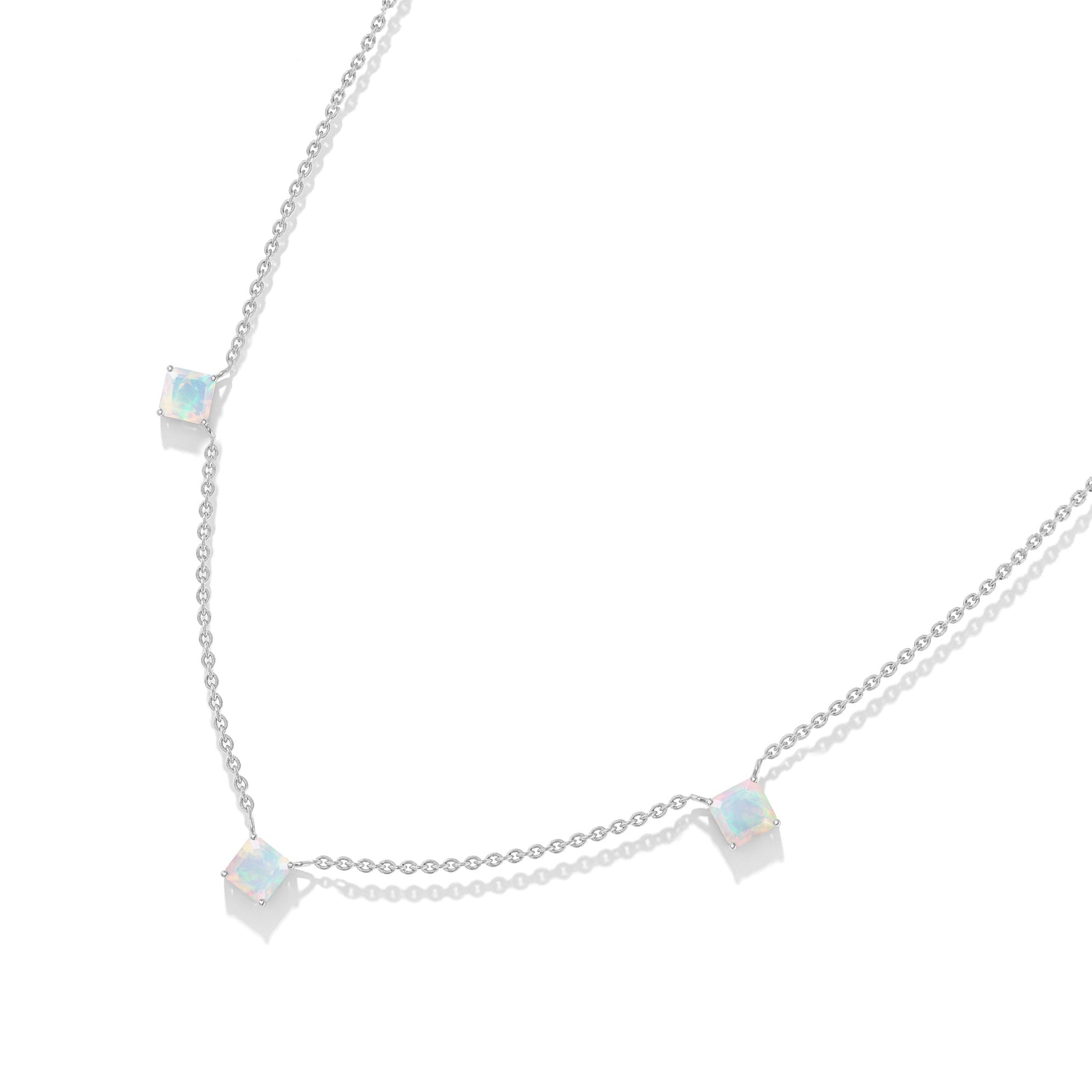 Genuine White Opal Three Stone Necklace in Yellow Gold Filled Sterling Silver with Adjustable Chain
