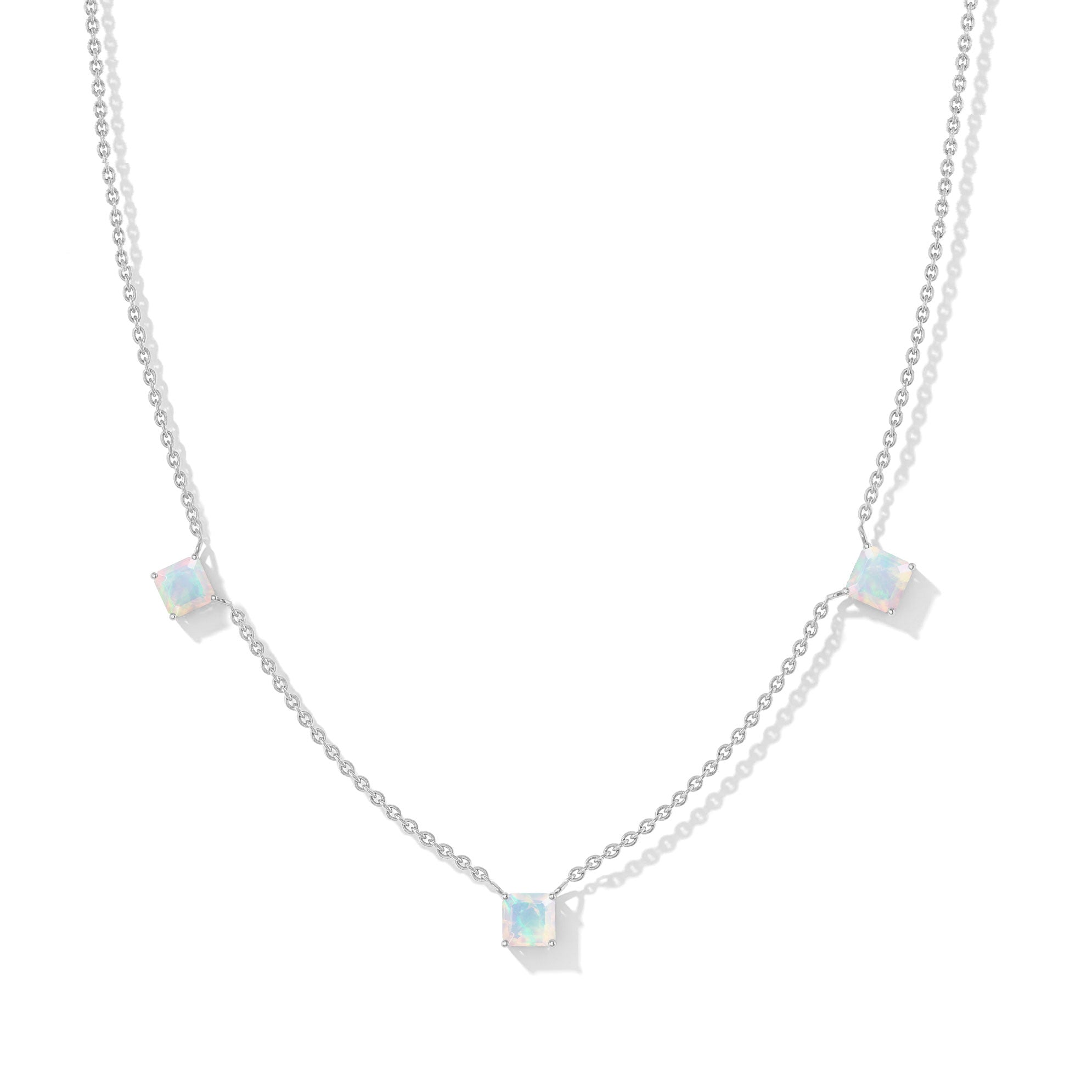 "Natural White Opal Asscher cut station necklace in yellow gold filled and 925 sterling silver featuring three gemstones.
