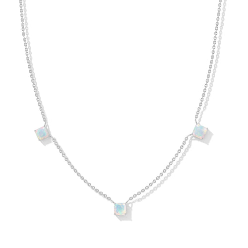 Natural White Opal Three Stone Necklace in Sterling Silver