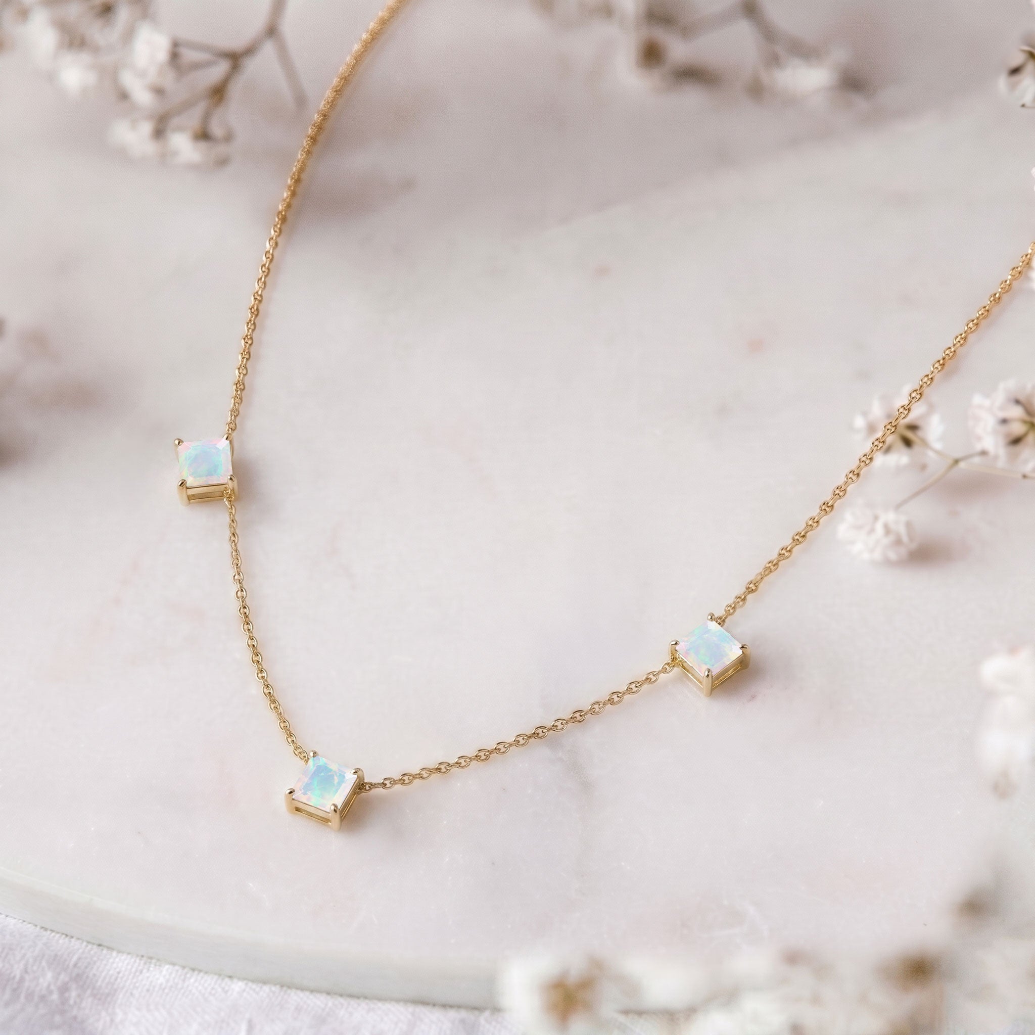 Fine gemstone White Opal necklace featuring Asscher cut stones for layering and special occasions.
