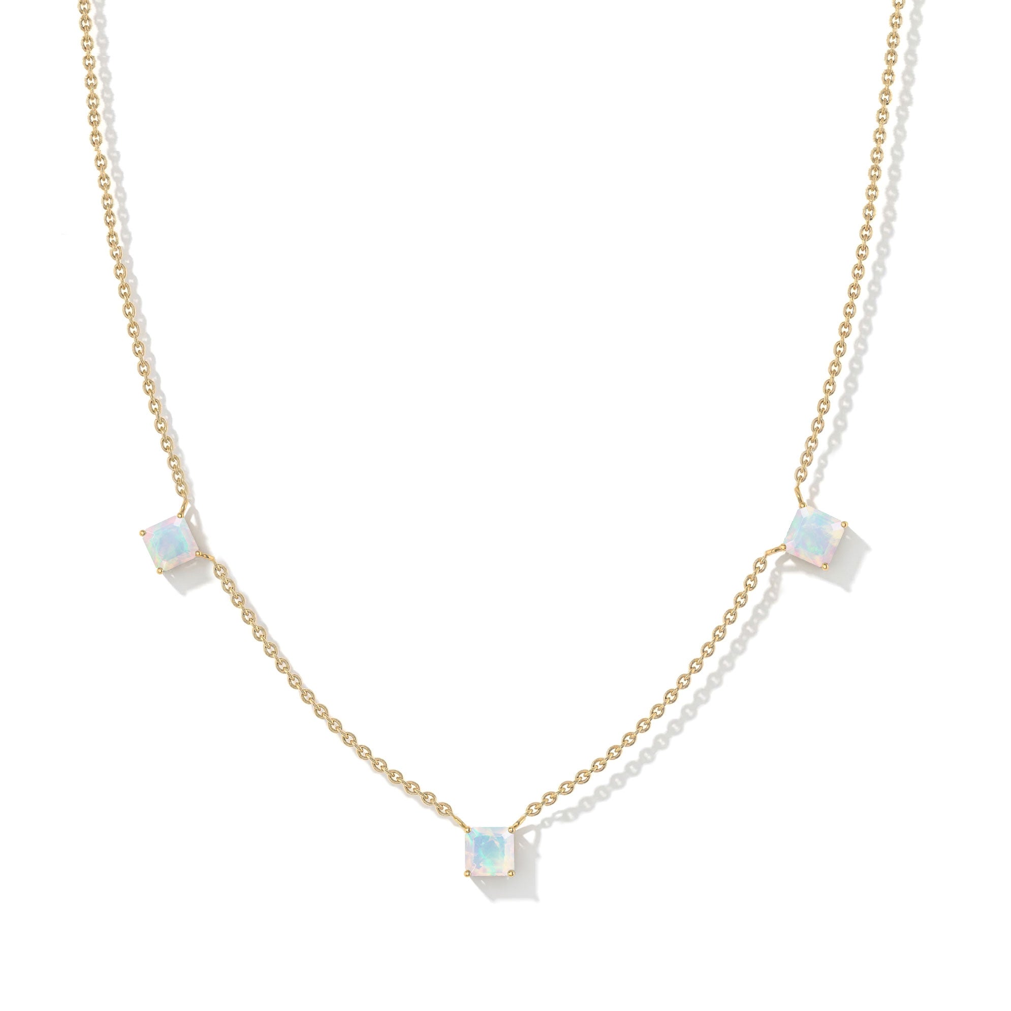Asscher Cut White Opal Station Necklace in 925 Sterling Silver with Yellow Gold Filled Finish
