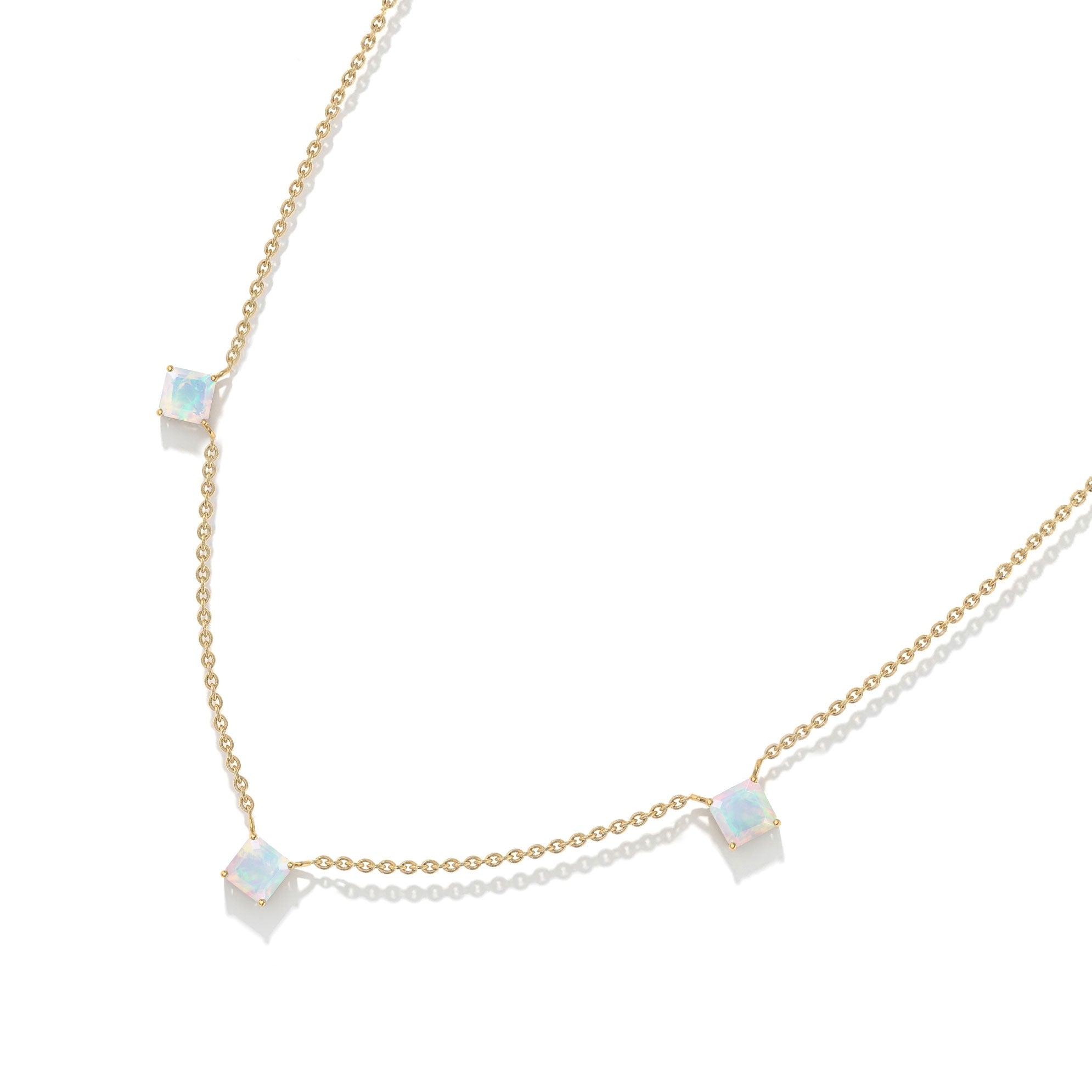 October Birthstone White Opal Three Stone Necklace for Women in Yellow Gold Filled Sterling Silver
