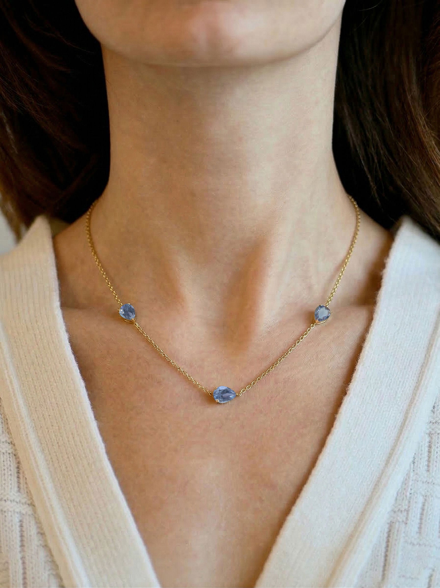 Elegant three stone Alexandrite necklace for women.
