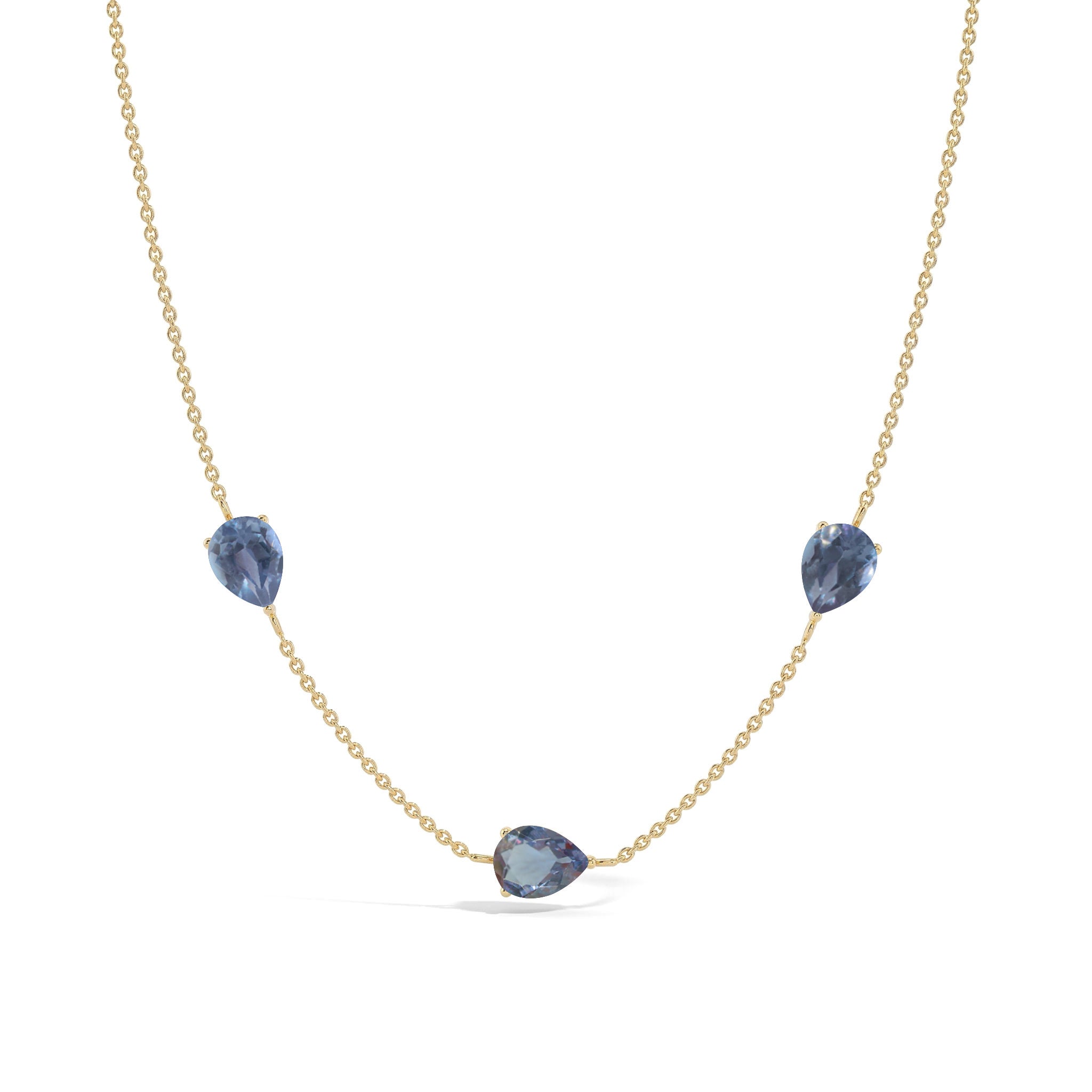 Pear cut Alexandrite gemstone necklace with yellow gold filled finish.
