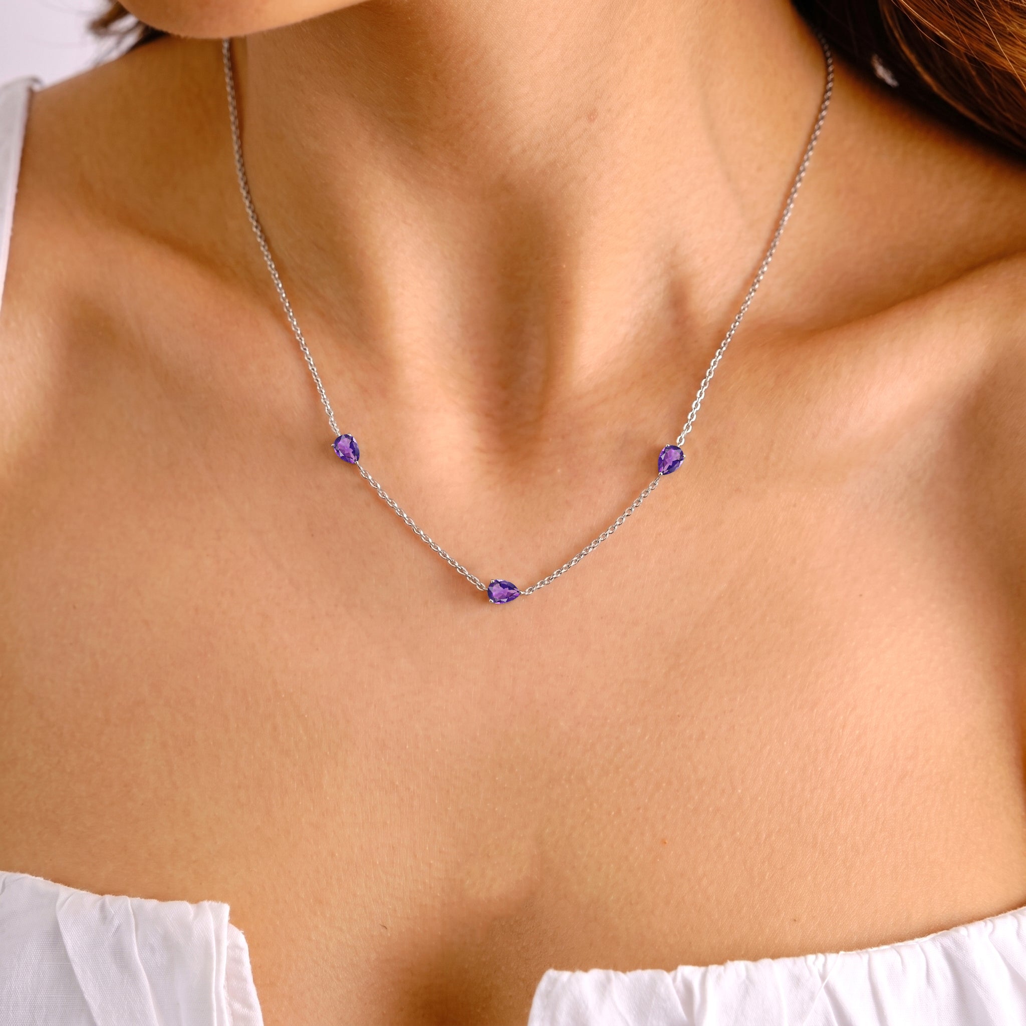 February birthstone Amethyst necklace with pear cut gemstones.
