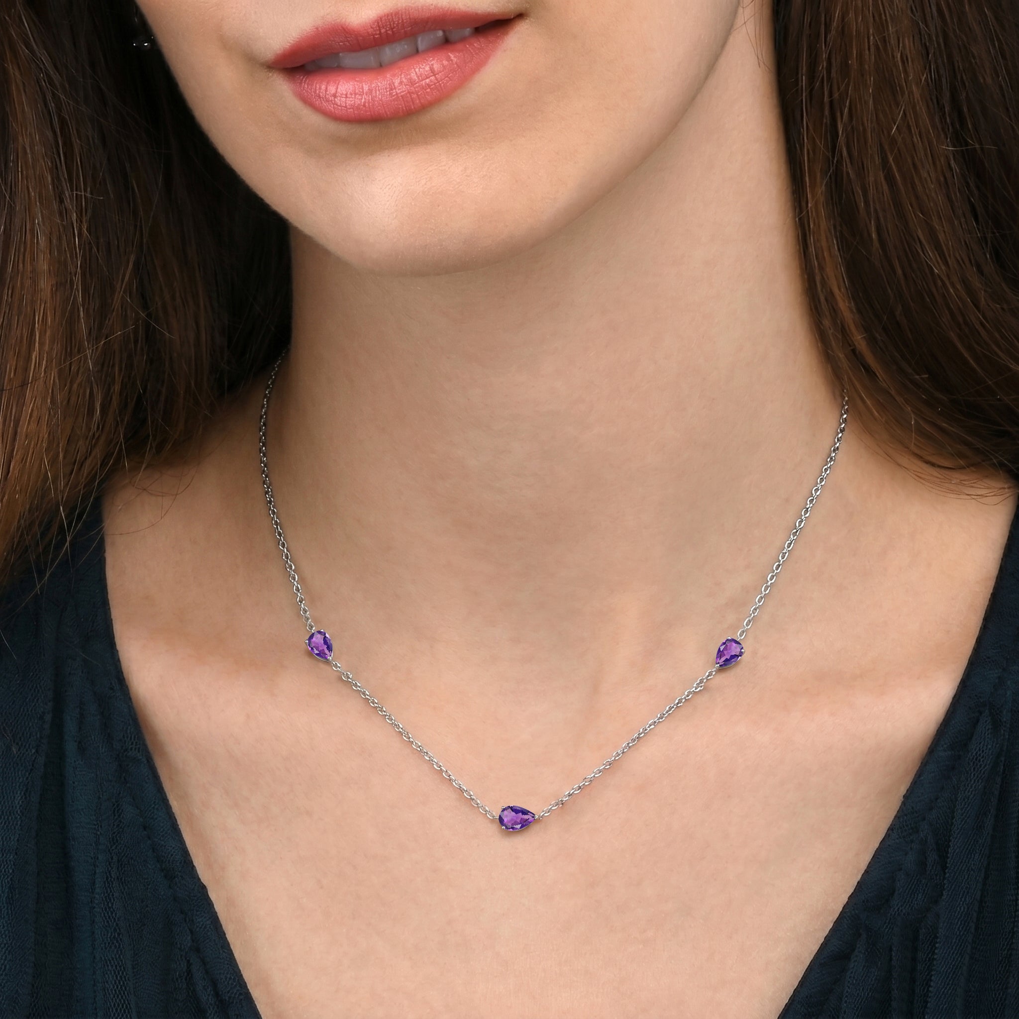 Purple Amethyst gemstone station necklace for women.
