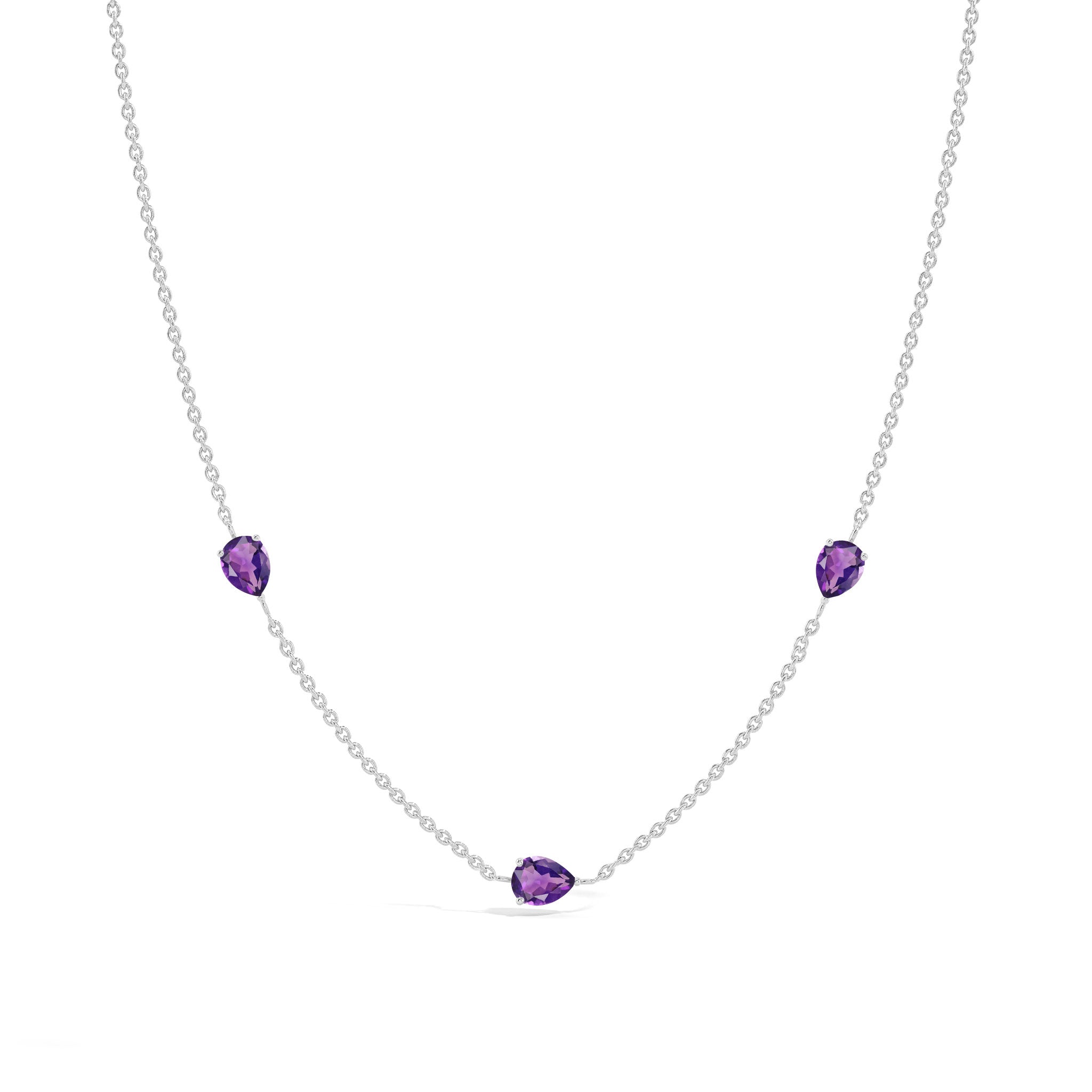 "Genuine Amethyst three stone station necklace in yellow gold filled sterling silver.
