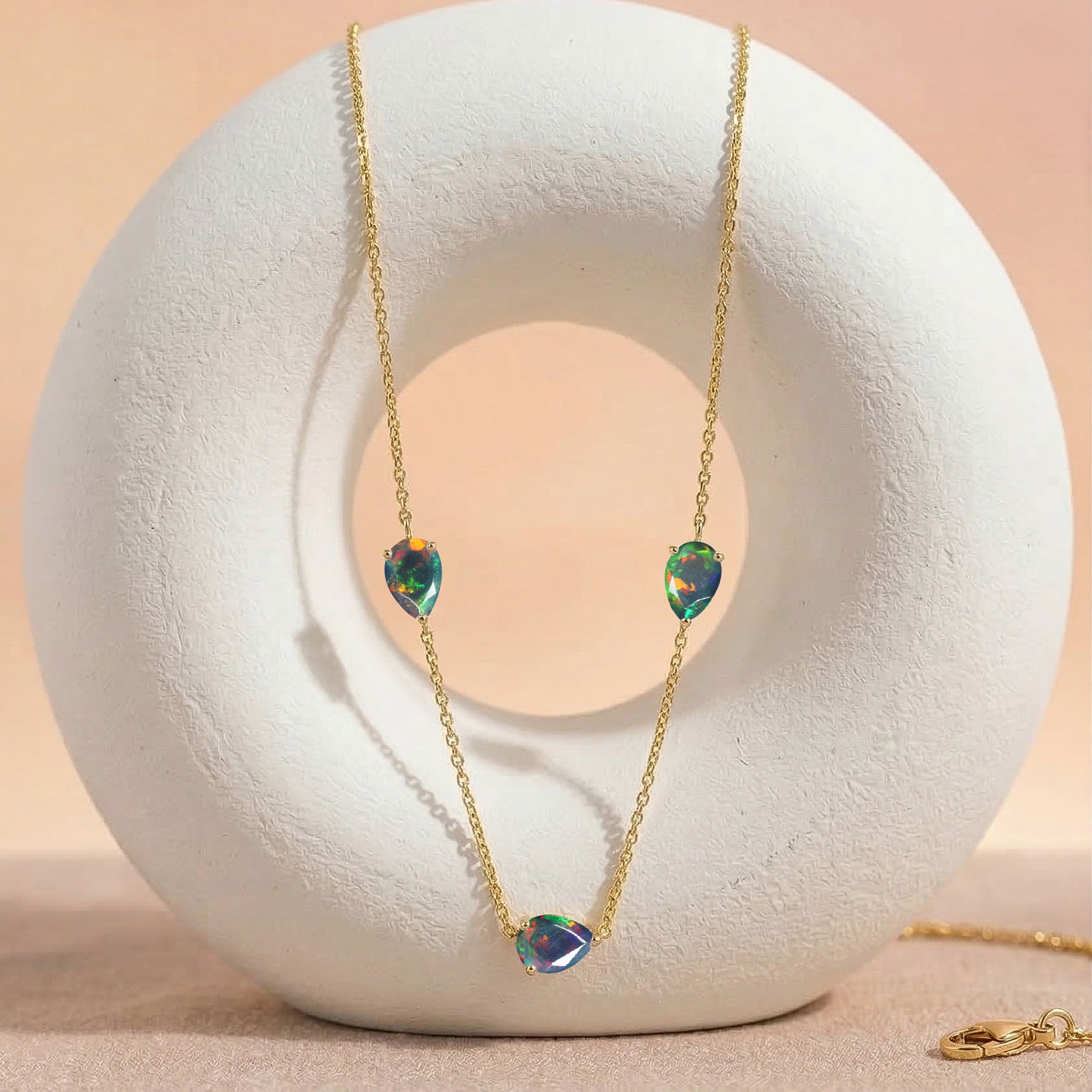 Luxury Black Opal three stone necklace with colorful gemstone flashes
