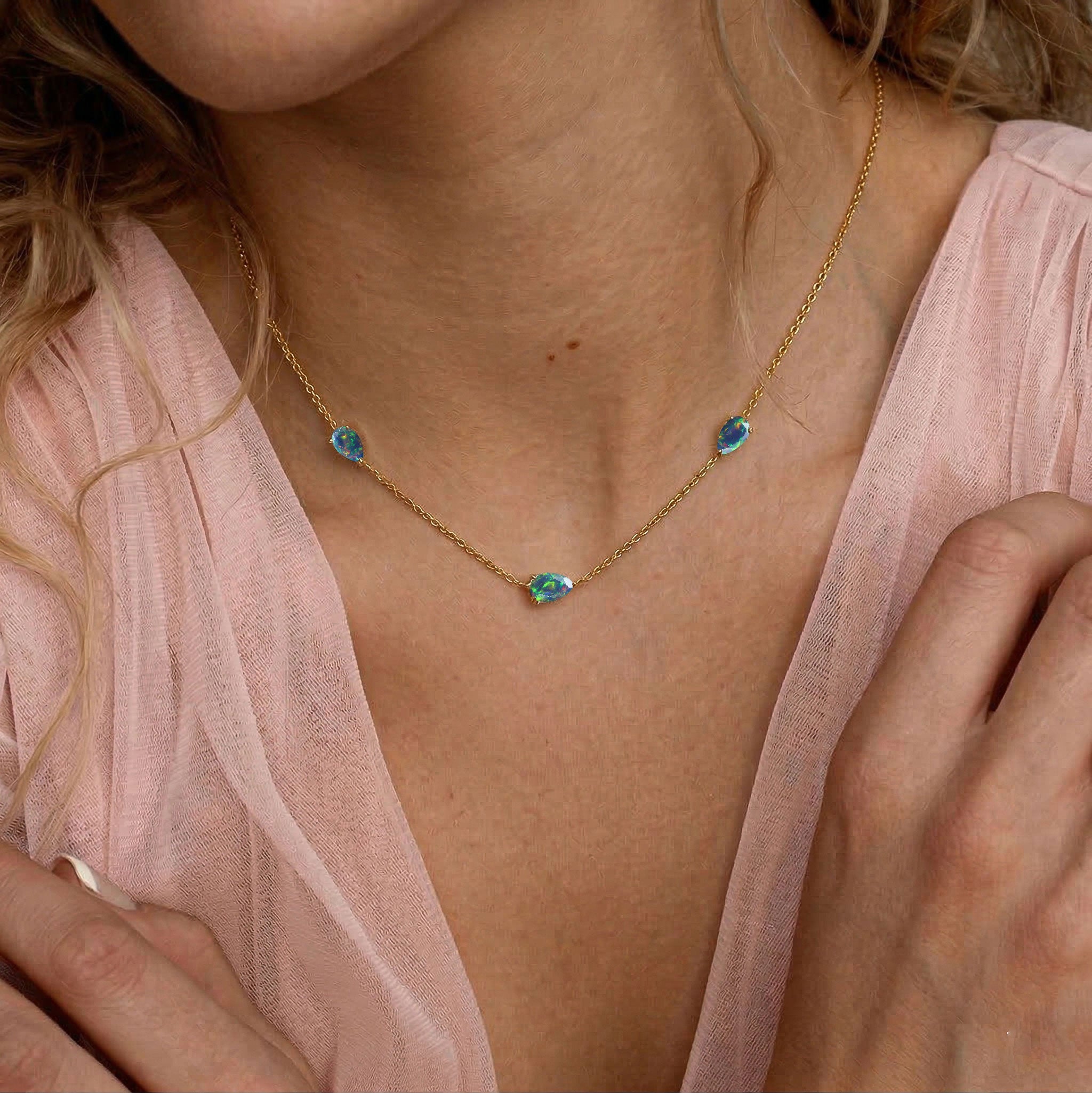 Pear cut Black Opal necklace in 925 sterling silver jewelry

