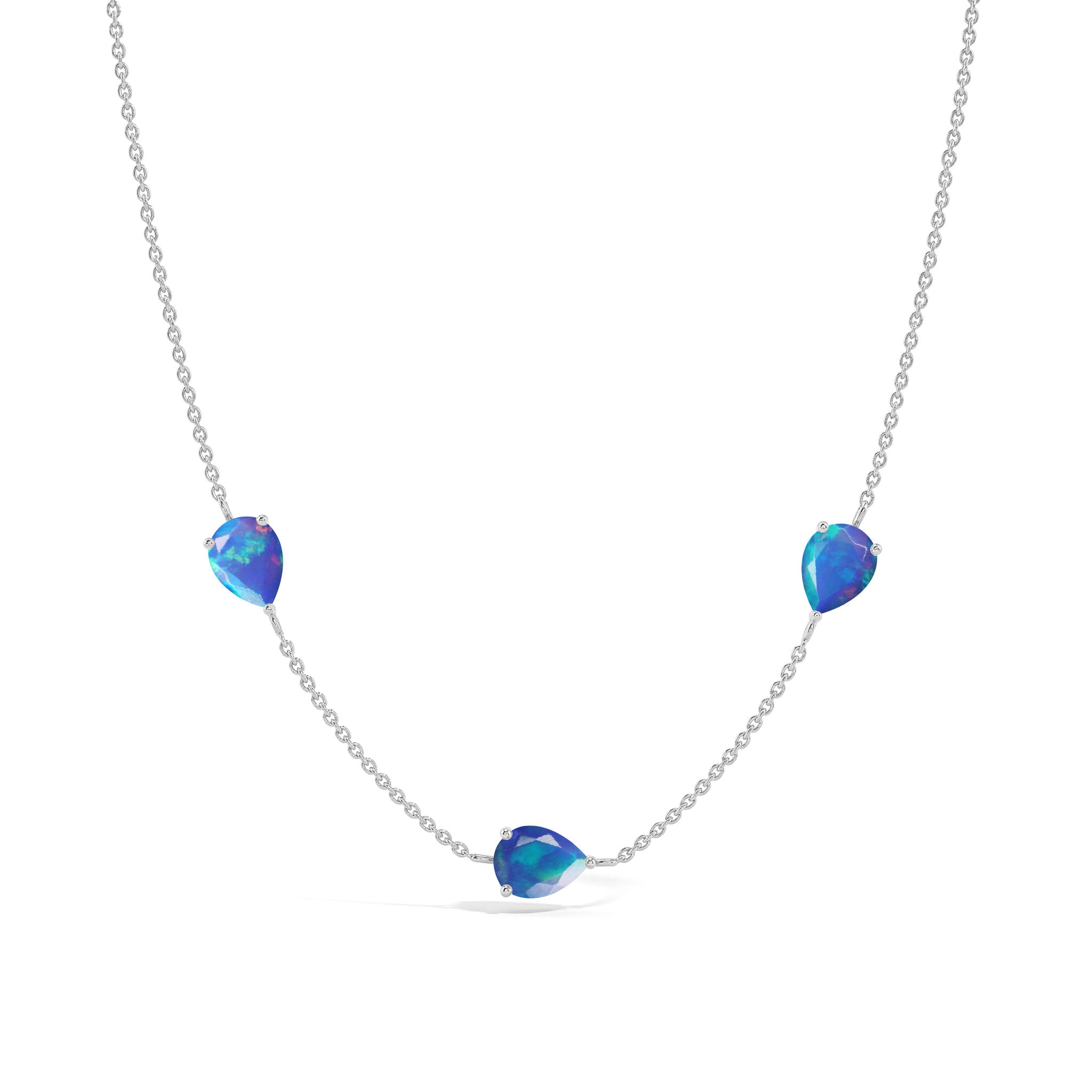 "Genuine Blue Opal three stone pear necklace in yellow gold filled sterling silver
