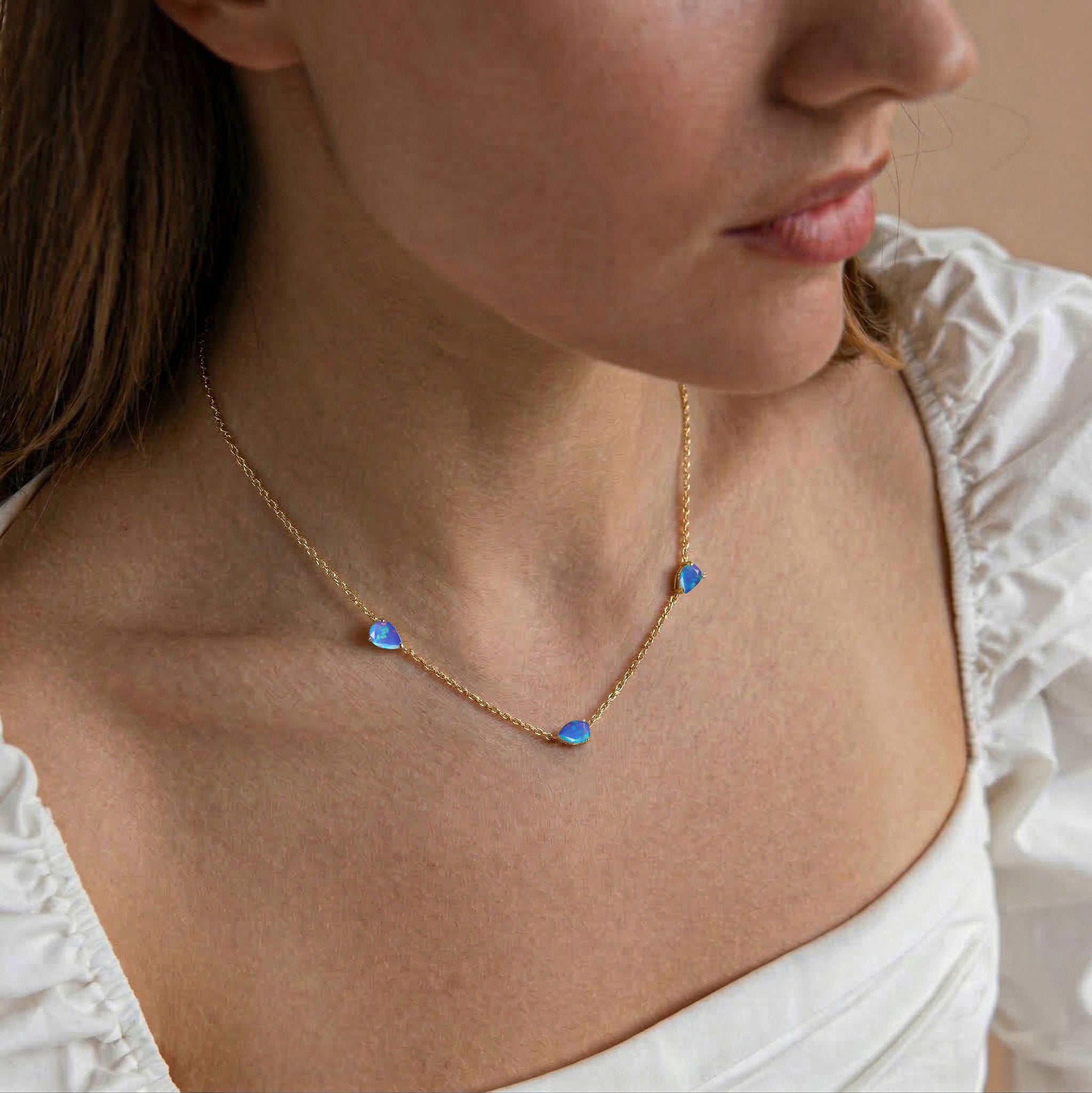 Blue Opal Three Stone Necklace in 925 Sterling Silver & Yellow Gold Filled