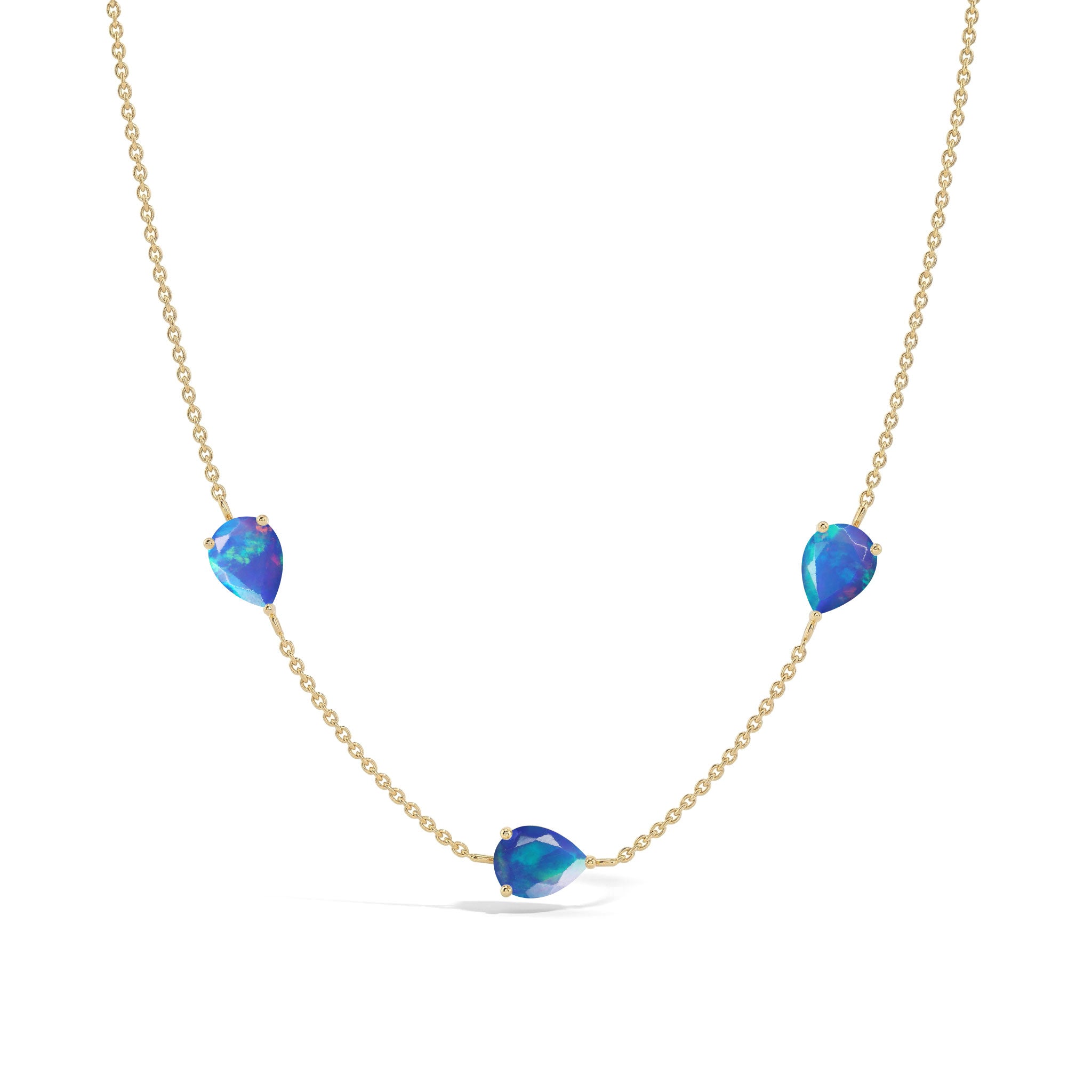 Unique blue gemstone necklace with yellow gold filled chain
