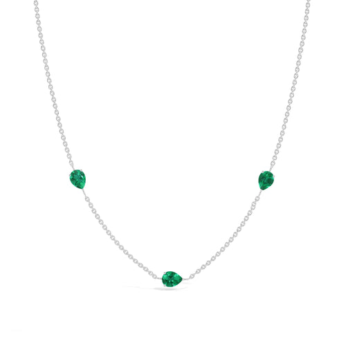 Emerald Three Stone Pear Station Necklace in Sterling Silver