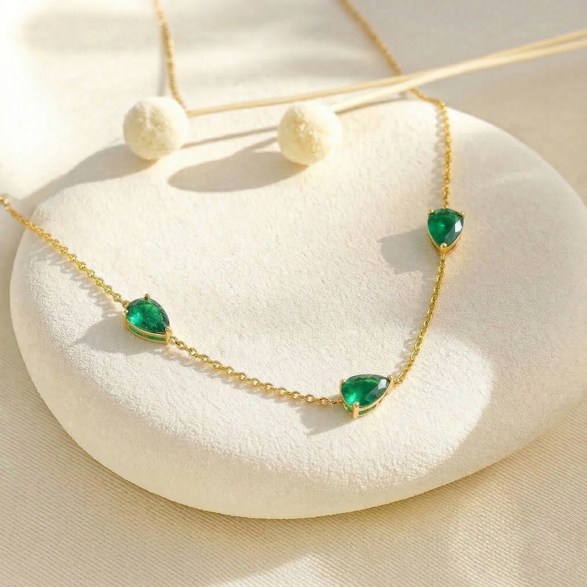 Yellow gold filled Emerald necklace with three pear cut stones
