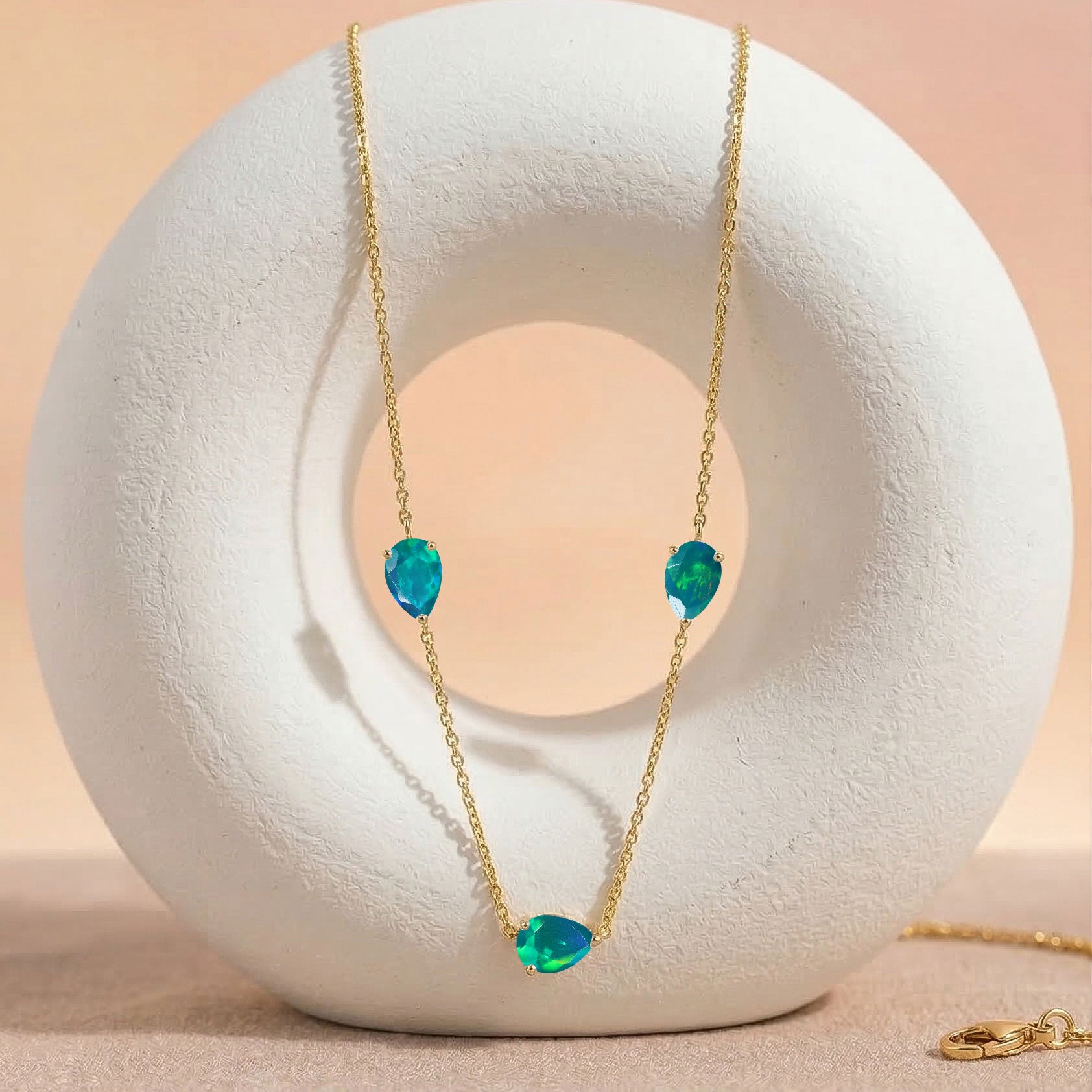 Yellow gold filled Green Opal necklace with three pear cut stones
