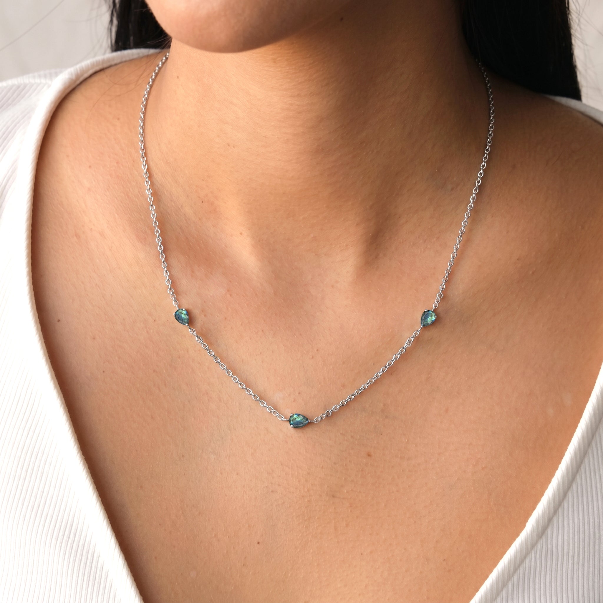 Yellow gold filled Labradorite necklace with three pear cut stones
